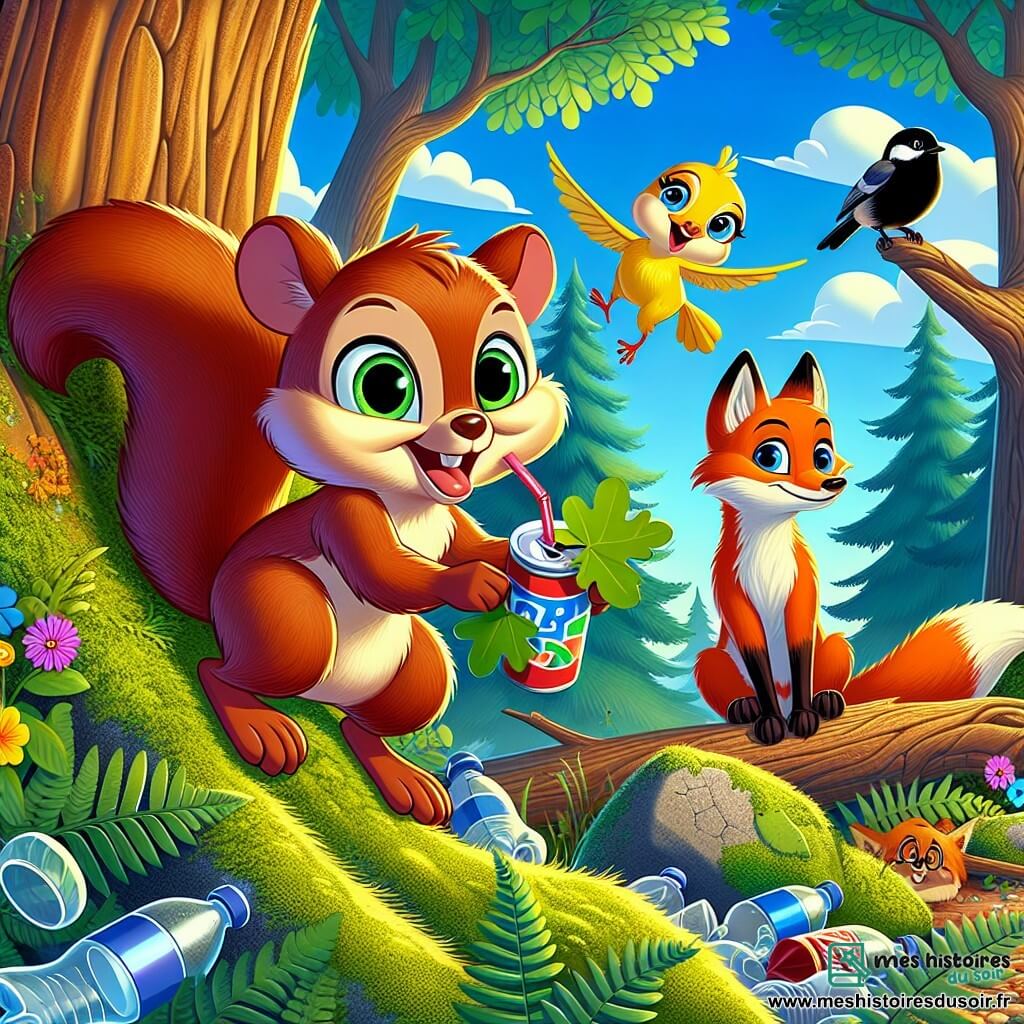 Mimo, un petit écureuil roux aux yeux pétillants, grimpe avec enthousiasme sur une branche d'un grand chêne, souriant tout en tenant une canette de soda. À ses côtés, Lila, une mésange aux plumes jaunes, vole joyeusement autour de lui pour lui montrer un chemin. Plus bas, Rico, un renardeau orange, observe sérieusement, prêt à aider. La scène se déroule dans la forêt de Chêneclair, où de majestueux arbres s'élèvent vers un ciel bleu clair, parsemé de nuages. Au sol, des fleurs colorées émergent des fougères, tandis que des déchets en plastique sont accrochés aux racines des arbres. Mimo et ses amis s'apprêtent à nettoyer leur forêt, unis dans leur mission de protection de la nature.