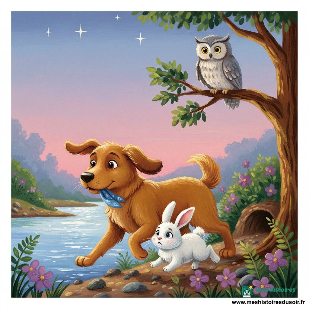 Léo, un chien au pelage brun doré soyeux et aux grandes oreilles rabattues, trottine confiant en tenant un petit foulard bleu dans la gueule et guide Lulu, un petit lapin blanc aux longues oreilles et au pelage duveteux, vers son terrier caché sous un buisson tandis qu'Olympe, une chouette au plumage gris perle et aux yeux jaunes calmes, veille posée sur une branche au bord d'une rivière scintillante au crépuscule, berges fleuries de mauve et fougères, ambiance chaleureuse et couleurs vives aux traits doux.