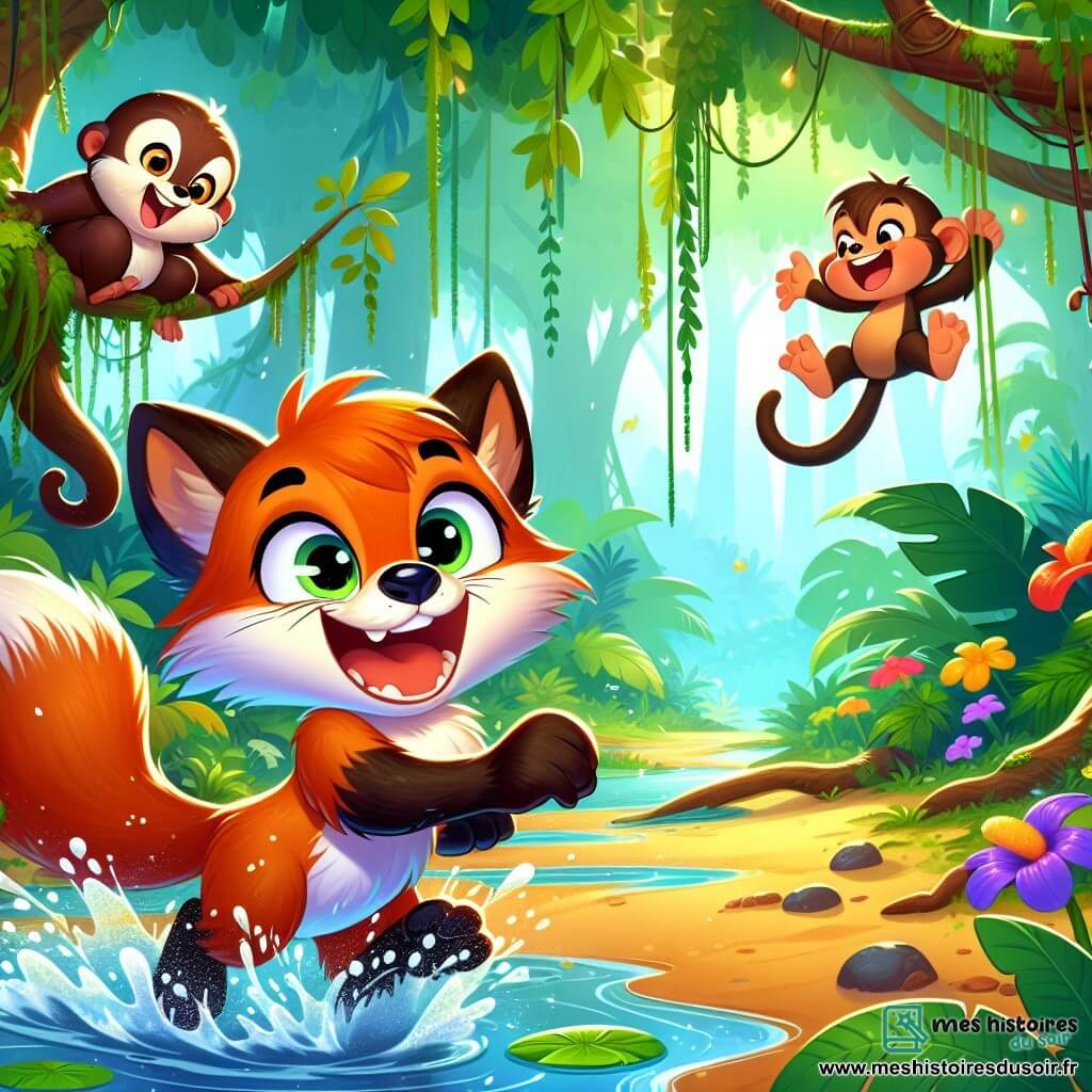 Un renard malicieux nommé Rémi, avec une fourrure orange vif, se faufile à travers une jungle mystérieuse, riant et éclaboussant de l'eau. À ses côtés, Léa la loutre glisse joyeusement dans une flaque, tandis que Max le singe se balance d'une liane, riant aux éclats. La jungle est dense, remplie d'arbres majestueux et de fleurs colorées, ajoutant une touche de magie. Rémi, Léa et Max s'amusent ensemble, illustrant la joie de l'amitié et l'esprit d'aventure.