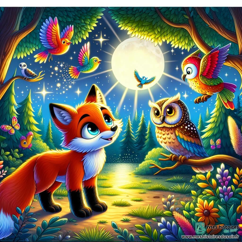 Un renard aux poils flamboyants et aux yeux curieux se tient au centre d'une clairière lumineuse, souriant émerveillé. À sa droite, un hibou sage, perché sur une branche, l'observe avec ses ailes légèrement déployées. À gauche, un oiseau coloré vole en chantant, ajoutant une mélodie enchantée à l'atmosphère. La clairière est entourée d'arbres majestueux sous la douce lumière de la lune, créant une ambiance magique. Le renard, en quête de sens, semble prêt à écouter les conseils de ses amis dans un moment de découverte.