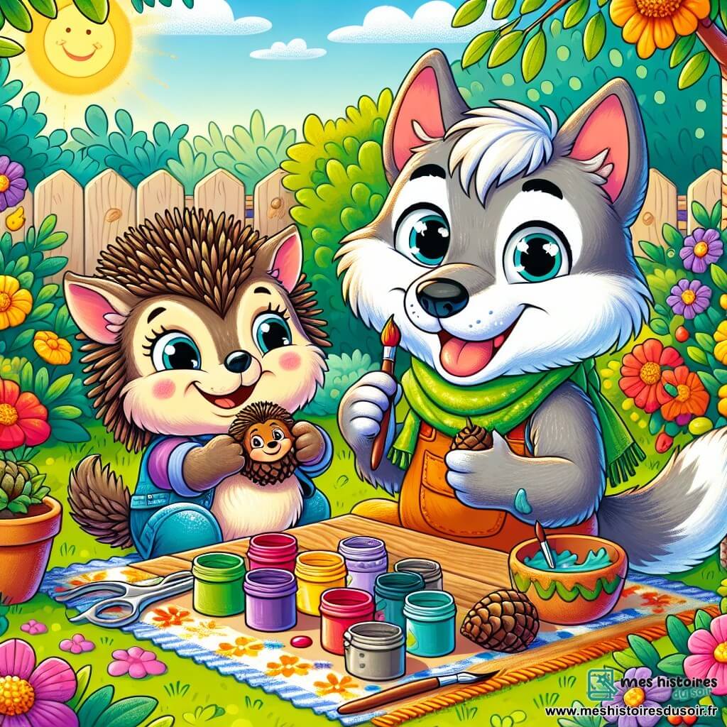 Petit Loup, un jeune loup aux yeux pétillants et à la fourrure grise, est assis à une table de jardin, souriant alors qu'il peint une pomme de pin en vert, entouré de pots de peinture colorés. Sa grand-mère Louve, au pelage brun et aux yeux chaleureux, se tient à ses côtés, riant joyeusement tout en créant un hérisson avec des brindilles. Le jardin est ensoleillé, rempli de fleurs éclatantes, avec un petit étang où des grenouilles chantent, créant une atmosphère joyeuse. Petit Loup et grand-mère Louve partagent un moment créatif et amusant, entourés de la beauté de la nature.
