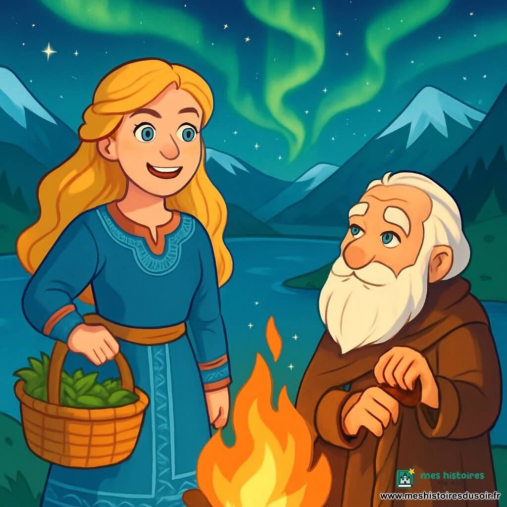 Freya, une femme viking aux cheveux dorés et aux yeux déterminés, se tient au bord d'un fjord scintillant, souriante. Elle porte une tunique bleue ornée de motifs nordiques et son panier est rempli d'herbes fraîches. À ses côtés, Bjorn, un homme de 70 ans avec une longue barbe blanche, l'observe avec admiration, tenant un bâton de marche sculpté. Le paysage est majestueux avec des montagnes enneigées en arrière-plan, un ciel étoilé et des aurores boréales illuminant la nuit. Freya et Bjorn rassemblent le village autour d'un feu, partageant histoires et rires, transformant la nuit froide en un moment chaleureux de camaraderie et d'espoir.