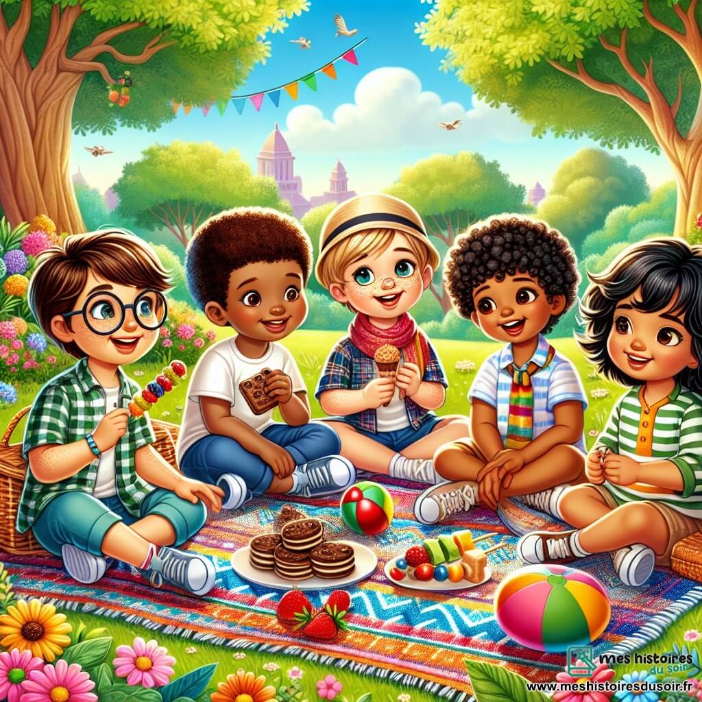 Dans un parc ensoleillé, cinq enfants se rassemblent autour d'une grande couverture colorée. Max, 8 ans, sourit en tenant un plat de biscuits au chocolat. Léo, 7 ans, se tient à côté de lui avec une brochette de fruits. Sam, 9 ans, raconte une histoire en face de Max, tandis que Noé, 8 ans, se prépare à jouer avec un ballon rouge. Amina, 6 ans, écoute attentivement. Le parc est verdoyant, avec des arbres, des fleurs et un ciel bleu. Les rires des enfants créent une ambiance joyeuse, célébrant leur amitié et la diversité dans un moment de bonheur collectif.