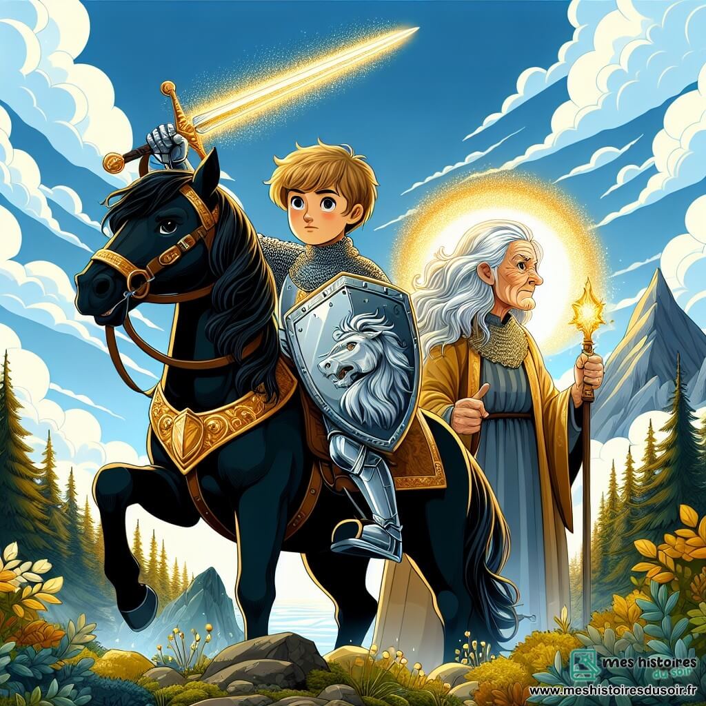 Au premier plan, Arthur, un jeune chevalier de 12 ans, se tient sur son cheval noir, portant une armure brillante et brandissant une épée magique. À ses côtés, une vieille femme aux cheveux argentés se transforme, entourée d'une lueur dorée, et semble reconnaissante envers lui. En arrière-plan, une montagne majestueuse se dresse sous un ciel bleu clair, avec une forêt dense à ses pieds. Arthur est prêt à combattre un dragon féroce qui apparaît au sommet de la montagne, tandis que la vieille femme l'observe avec espoir.