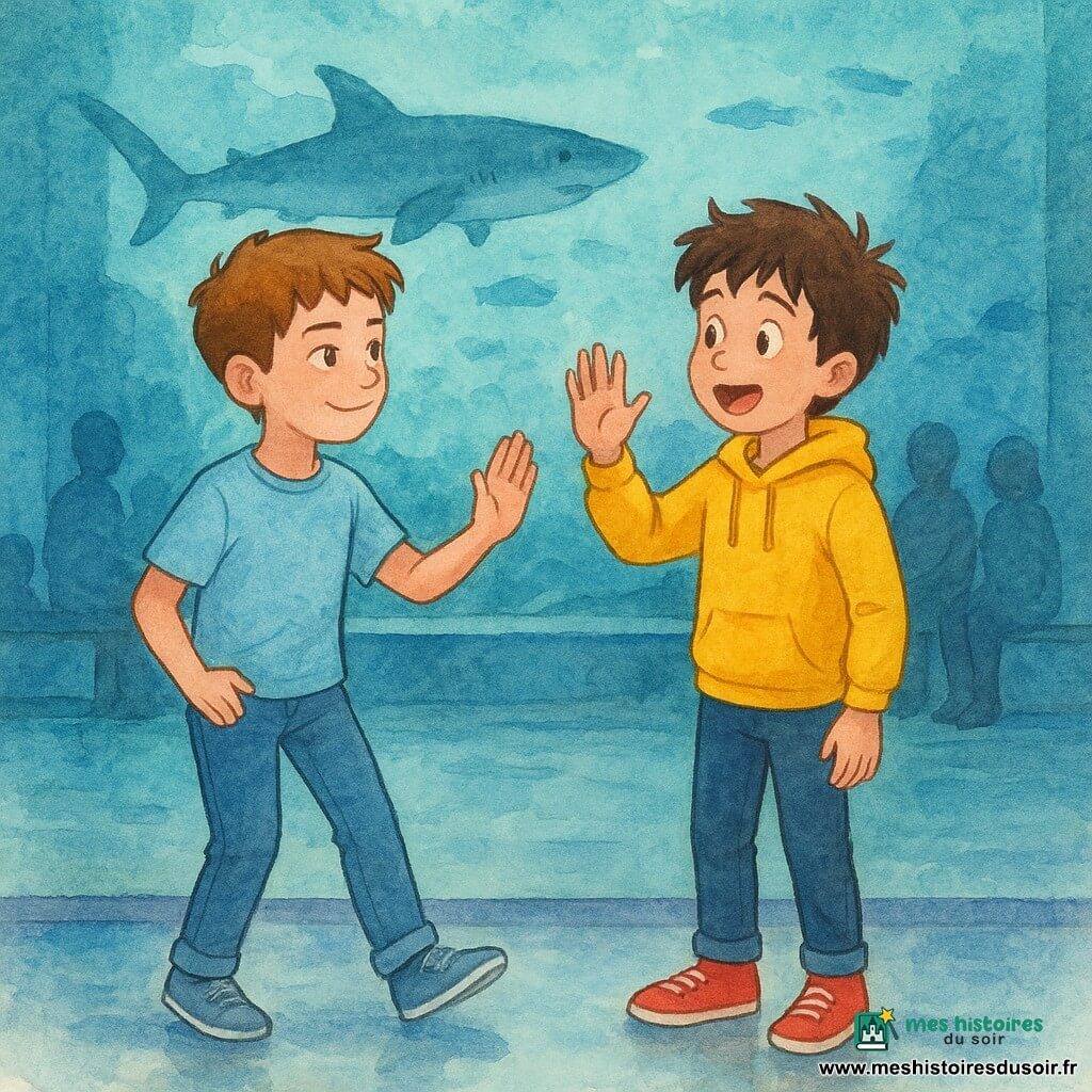 Deux frères dans une grande salle d'aquarium devant un immense bassin vitré baigné de lumière bleue : Noé, 12 ans, cheveux châtain courts, t-shirt bleu clair et jean, à gauche, tapant doucement du pied droit et montrant la main vers son frère, visage concentré mais souriant ; Malo, 11 ans, cheveux bruns en bataille, sweat jaune vif et baskets rouges, à droite, faisant un salut-pingouin avec la main droite levée et ouvrant la bouche pour dire "kouik", yeux émerveillés. Ils exécutent une petite chorégraphie synchronisée à deux temps, gestes nets et rythmés, tandis qu'un grand requin passe derrière la vitre comme pour approuver ; ambiance joyeuse, couleurs douces, bleus profonds et touches de jaune et rouge, silhouettes de poissons géants et visiteurs flous en arrière-plan.