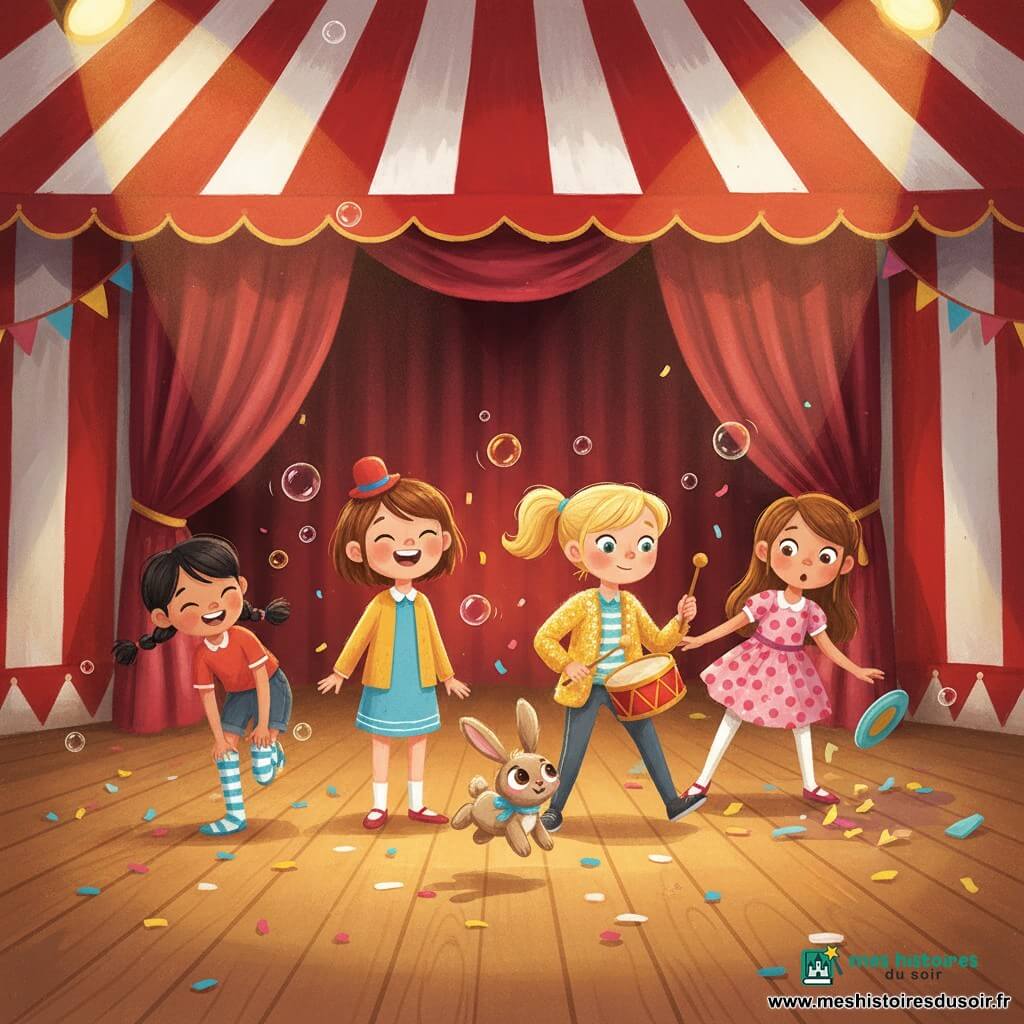 Cinq personnages sur la piste d'une grande tente de cirque intérieure à rayures rouges et blanches : Mia, 6 ans, cheveux châtains courts, petit chapeau rond rouge posé sur le nez, rit et se tient au centre-gauche ; Zoé, 7 ans, cheveux noirs en deux nattes, grandes chaussettes rayées bleues et blanches qui glissent, à gauche de Mia en train de les remonter ; Lou, 6 ans, cheveux blonds en couette, veste à paillettes jaune, frappe un petit tambour rouge à droite de Mia ; Jade, 8 ans, cheveux bruns longs, robe à pois roses, tient une assiette de jonglage tombée sur la moquette, à l’arrière légèrement à droite ; petit lapin en peluche beige avec ruban bleu qui saute devant Mia et Lou. Le plancher est en bois ciré, un rideau de velours bordeaux ouvert derrière eux, projecteurs chauds jaunes et roses, confettis et fanions suspendus ; les filles jouent et rient : chapeau qui tombe, chaussettes qui glissent, tambour qui résonne, assiette qui tombe, bulles de savon flottent, ambiance joyeuse, couleurs vives et mouvement.