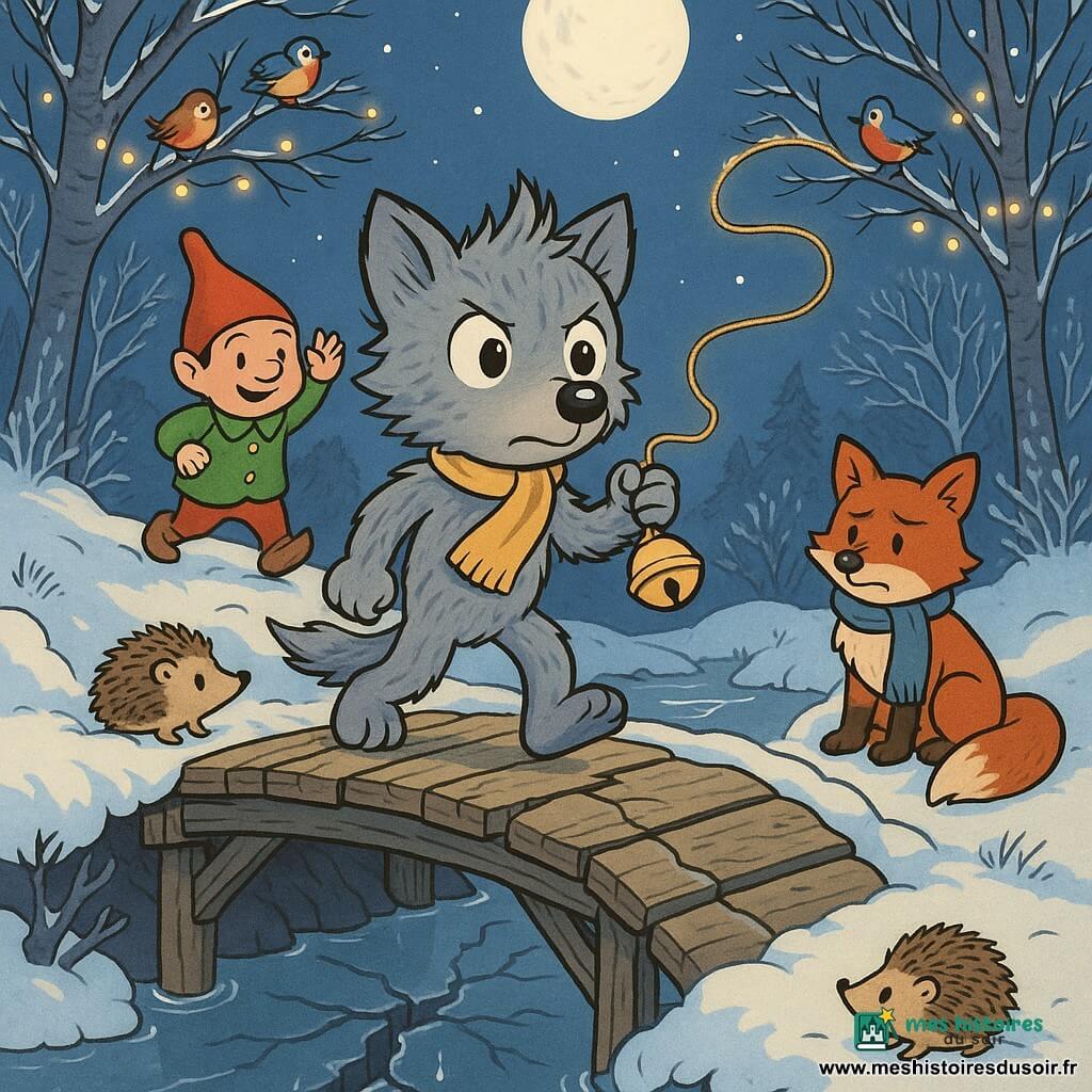 Loupinou, petit loup anthropomorphe aux poils gris argenté et au museau rosé, tient fermement un grelot doré et paraît déterminé ; derrière lui, Pipelette, un lutin trapu au bonnet rouge et veste verte, se tient sur une racine en levant la main pour lancer une corde magique afin de barrer le vieux pont de bois fissuré qui enjambe une rivière gelée aux rives enneigées, tandis qu'un hérisson surpris borde le pont, un renard roux à l'écharpe bleue est assis à quelques pas et de petits oiseaux colorés sont perchés dans les arbres poudrés de givre éclairés par la lune et des guirlandes de lucioles dorées ; Loupinou sonne le grelot pour alerter les animaux et la glace fendue scintille de gouttes gelées, créant une atmosphère urgente mais pleine d'espoir.