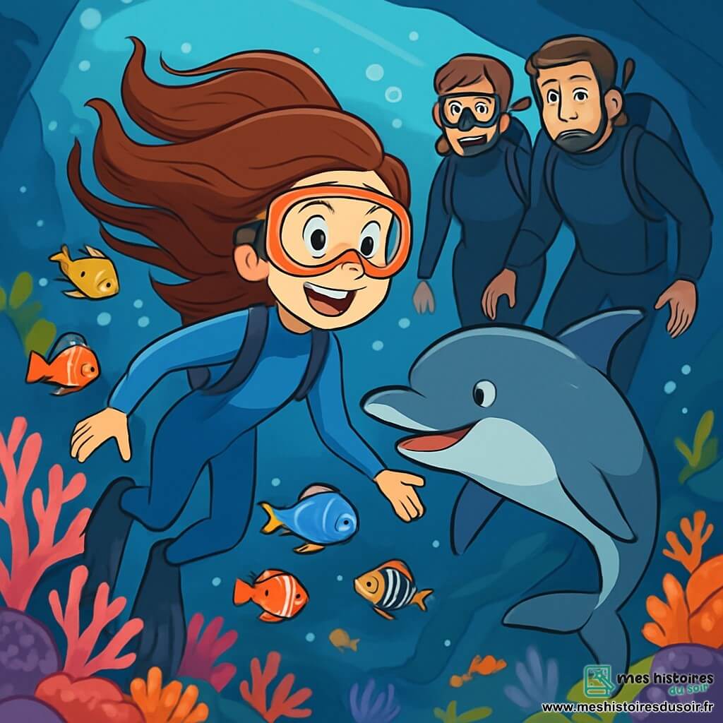 Lina, une fille de 12 ans aux longs cheveux bruns, porte une combinaison de plongée bleue et exprime une joie et une curiosité en explorant les profondeurs marines. Un dauphin amical, aux écailles grises, nage à ses côtés, l'invitant à le suivre. En arrière-plan, ses parents, en combinaisons de plongée, l'observent avec fierté et inquiétude. Ils se trouvent dans un récif corallien coloré, avec des coraux roses, oranges et violets, ainsi que des poissons multicolores. Lina découvre un monde sous-marin magique en suivant le dauphin vers une cavité lumineuse.