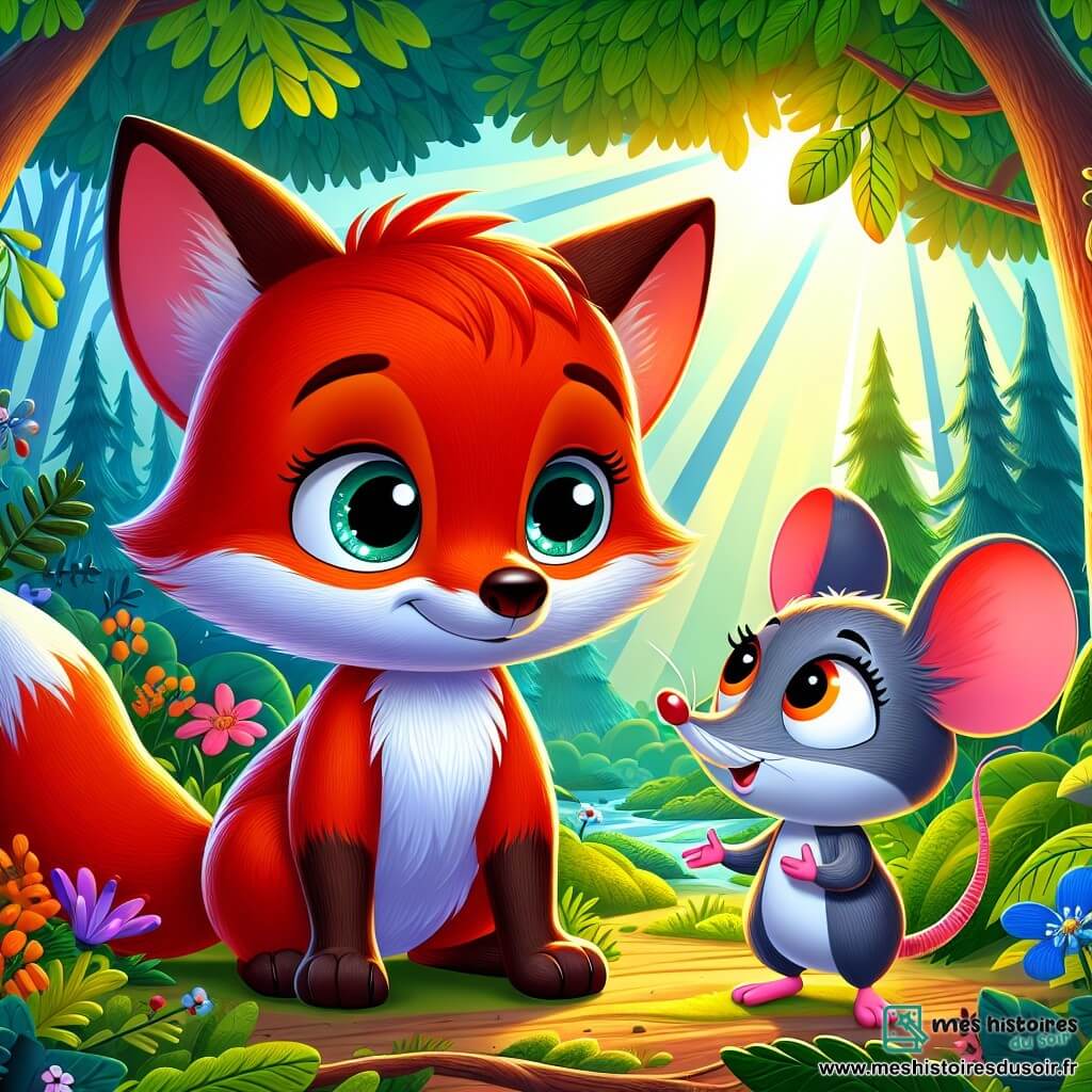Un petit renard roux, nommé Rouxy, se tient au milieu d'une forêt verdoyante. Inquiet, ses oreilles baissées et un regard hésitant, il est encouragé par une petite souris grise nommée Lila, qui lui pose une patte sur l'épaule. La forêt est remplie d'arbres majestueux et de fleurs colorées, créant une atmosphère chaleureuse. Rouxy partage sa peur des bruits de la nuit avec Lila, qui écoute attentivement, prête à l'aider à surmonter ses craintes.
