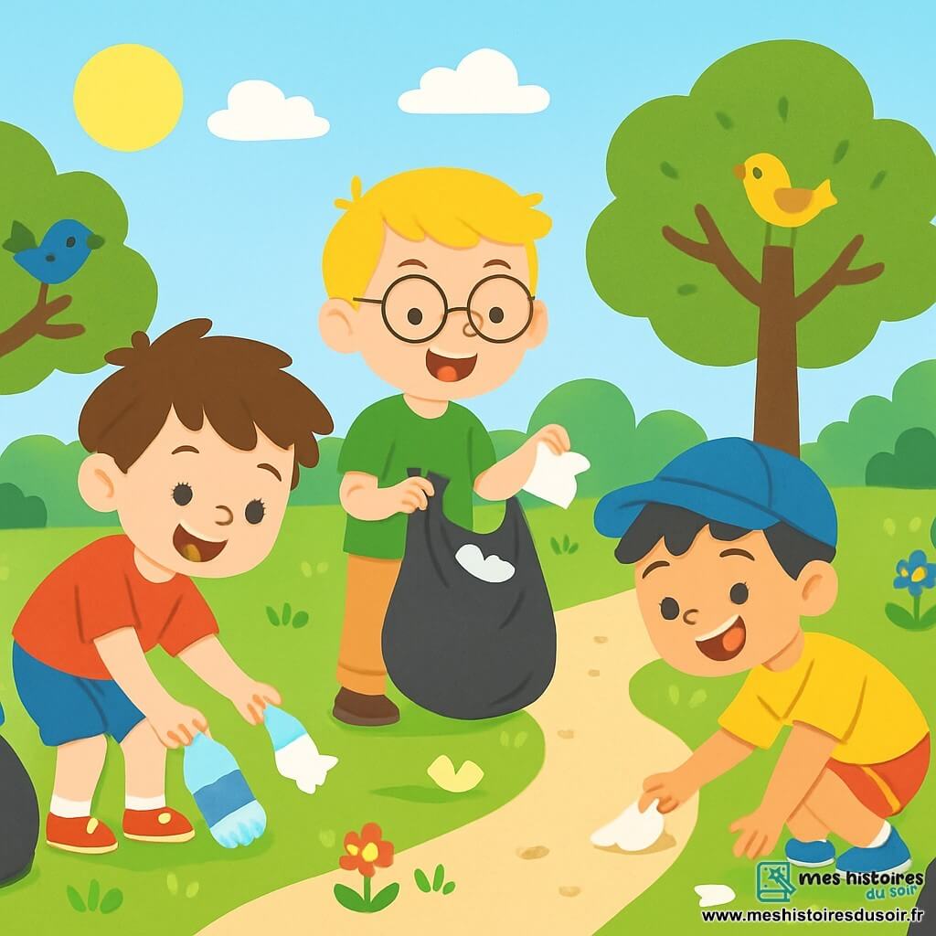Trois personnages sont présents : Max, un garçon de 8 ans avec des cheveux bruns en bataille, un t-shirt rouge et un short bleu, qui ramasse une bouteille en plastique ; Tom, un garçon de 7 ans avec des cheveux blonds, des lunettes rondes, un t-shirt vert et un pantalon beige, qui tient un sac poubelle et ramasse un morceau de papier en souriant ; et Leo, un garçon de 6 ans avec des cheveux noirs et une casquette bleue, un t-shirt jaune et un short à rayures, qui est accroupi et ramasse des déchets avec enthousiasme. L'action se déroule dans un parc ensoleillé, rempli de fleurs colorées et d'arbres verts. Les trois amis nettoient le parc en riant, entourés de sacs poubelles, rendant l'endroit de plus en plus propre et joyeux.