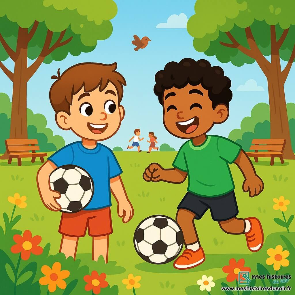 Maxime, un garçon de 10 ans aux cheveux châtains et aux yeux curieux, sourit en tenant un ballon de football sous son bras. Il porte un t-shirt bleu vif et un short rouge, sur un terrain de jeu verdoyant entouré de fleurs. À ses côtés, Ali, un autre garçon de 10 ans d'origine arabe avec des cheveux noirs bouclés, rit en dribblant le ballon. Il est légèrement en avant de Maxime, vêtu d'un maillot vert et d'un short noir. Le parc est ensoleillé, avec des arbres, un ciel bleu et des enfants jouant au loin. Maxime et Ali jouent ensemble au football, riant et s'amusant, illustrant leur amitié et leur tolérance malgré leurs différences.