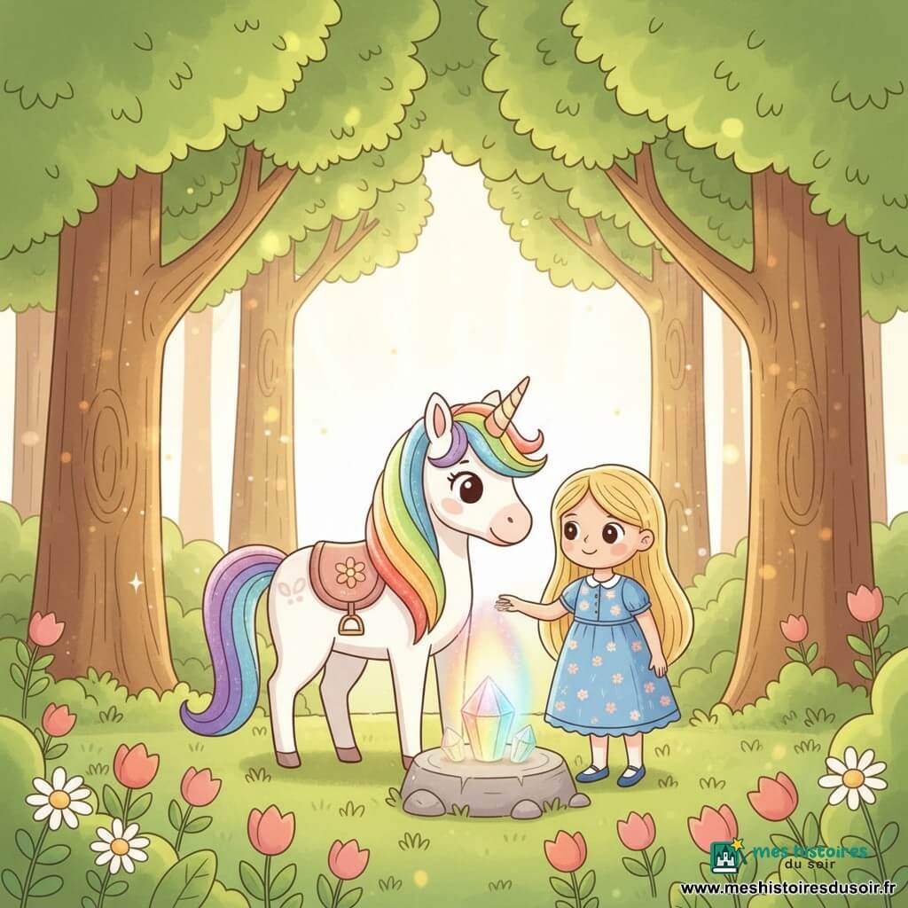 Une licorne blanche nommée Étoile, joyeuse et bienveillante, crinière arc‑en‑ciel brillante, yeux doux, portant une petite selle florale, pose un cristal arc‑en‑ciel sur un socle de pierre au centre d'une clairière; à côté d'elle, Lila, 7 ans, cheveux blonds longs, robe bleue à fleurs, souriante, tient doucement la crinière. La clairière, entourée d'arbres très hauts aux feuilles vert vif et d'un tapis de fleurs multicolores, est traversée de rayons dorés; le cristal diffuse des faisceaux colorés qui réveillent les couleurs de la forêt. Ambiance magique, lumineuse et chaleureuse, composition centrée, couleurs saturées mais douces, traits ronds et contours simples, arrière‑plan épuré.