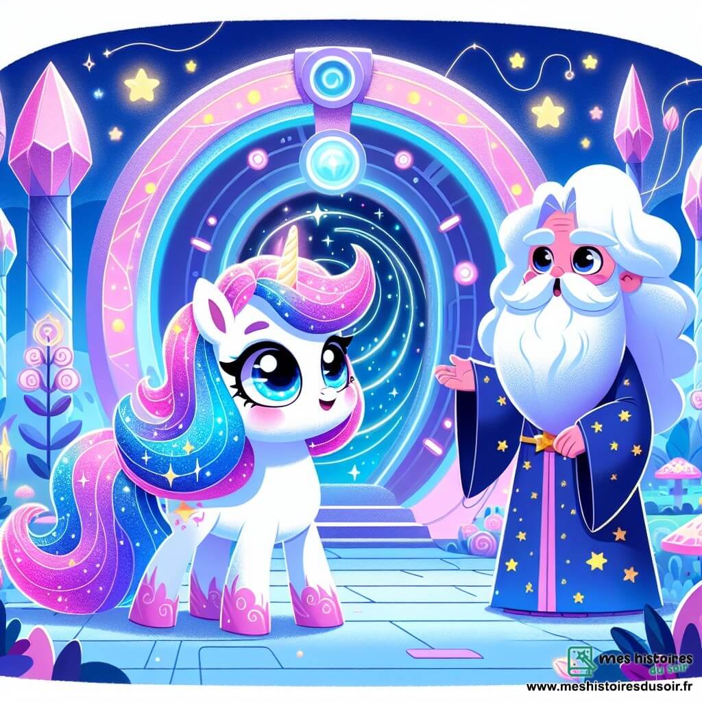 Au centre de l'image, Lila, une jeune licorne aux couleurs chatoyantes, regarde avec émerveillement le Portail des Possibilités, une machine futuriste entourée de lumières clignotantes. À ses côtés, un vieux sage à la barbe nuageuse et au sourire bienveillant, vêtu d'une robe étoilée, l'observe avec amusement. Le décor est le Parc des Merveilles de Lumiland, un lieu féérique avec des arbres en cristal et des lumières multicolores. Lila, prête à franchir le portail, est encouragée par le sage, créant une atmosphère d'excitation et de mystère.