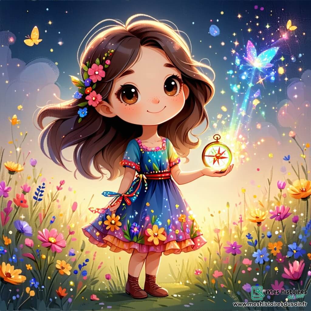 Lila, une fille de 11 ans, se tient au centre de l'image, les yeux brillants de curiosité. Elle a de longs cheveux châtains et porte une robe colorée à motifs floraux. Dans sa main, elle tient une petite boussole magique qui scintille. À ses côtés, Florelle, un oiseau multicolore, vole joyeusement autour d'elle. Le décor est celui de la Forêt des Murmures, avec des arbres majestueux aux feuilles scintillantes. Lila est prête à entrer dans un monde magique, émerveillée par une grande porte en bois ornée de motifs floraux qui s'ouvre devant elle, révélant un chemin scintillant.