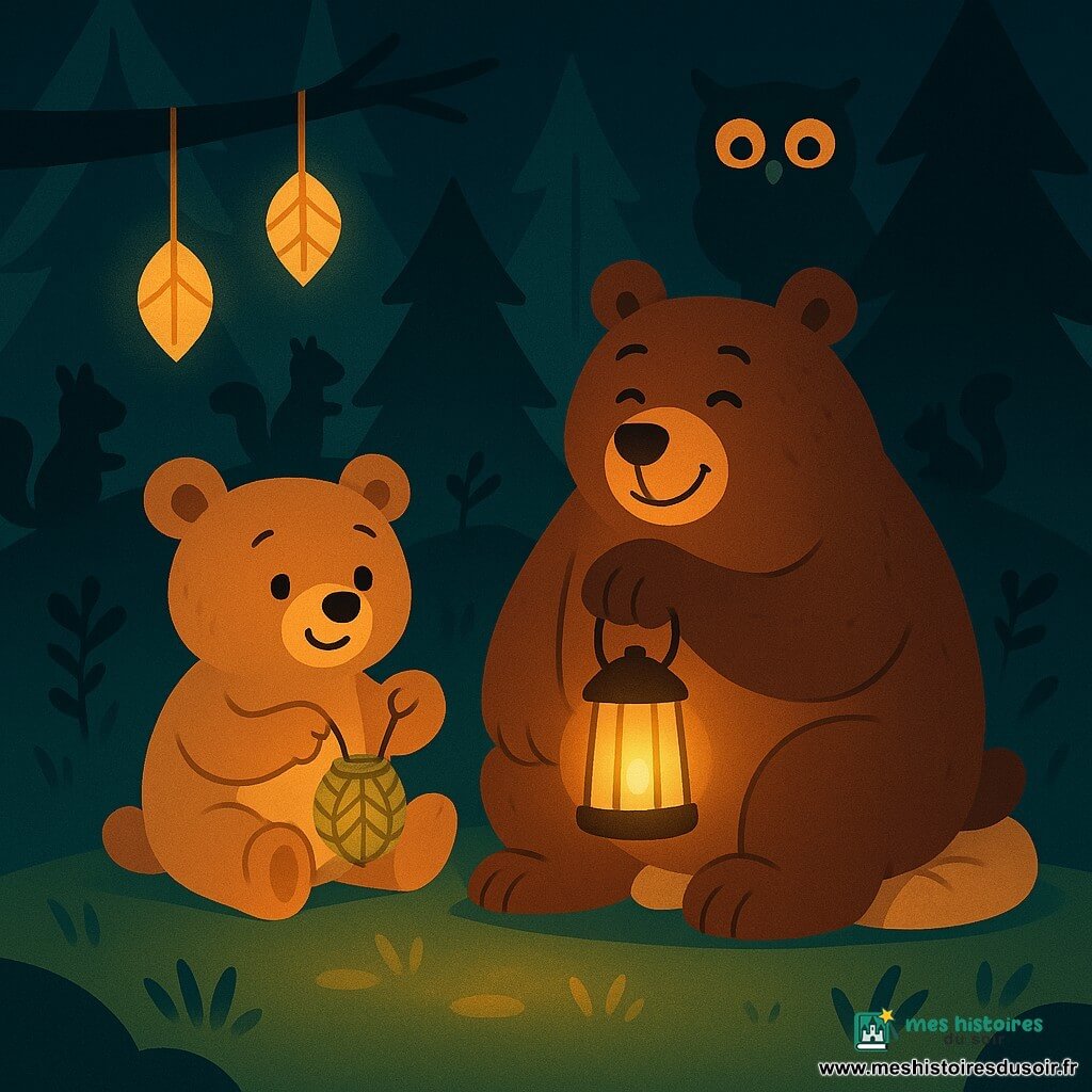 Marceau, petit ours en peluche brun clair, rond et souriant, tient une petite lanterne tressée en feuille et s'appuie vers son ami ; Ernest, grand ours au pelage noisette foncé, un peu bourru mais doux, aux yeux plissés de joie, tient une lanterne allumée et est assis à droite sur un coussin moelleux ; autour d'eux quelques écureuils et une chouette en retrait regardent la scène, la clairière herbeuse est cerclée de pins stylisés avec des lanternes en feuille suspendues et des reflets jaunes-ambre au sol — scène centrée et intime de deux amis partageant une lumière douce pendant la nuit du Ramadan, couleurs chaudes, contrastes doux, formes simples et rondes pour un rendu enfantin et chaleureux.