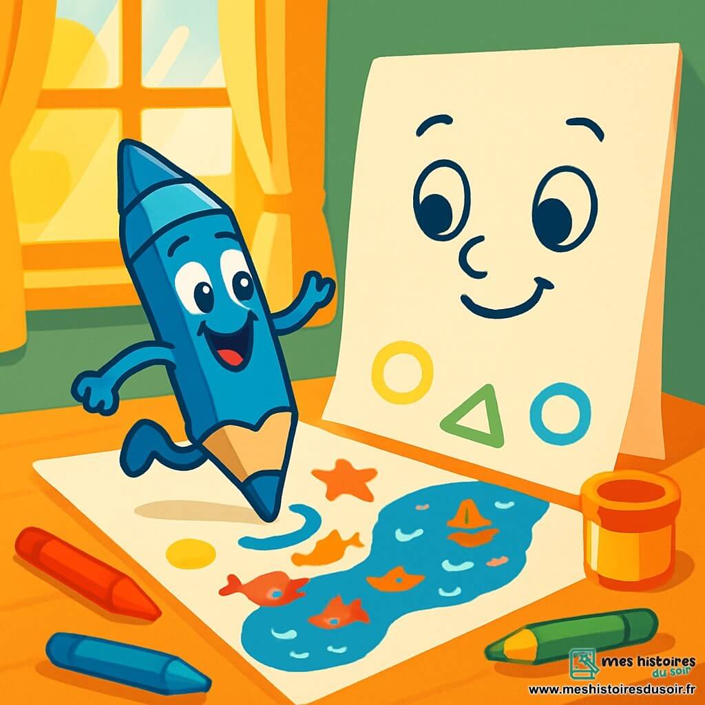 Petit Crayon, un crayon bleu vif avec un grand sourire, saute joyeusement sur une grande feuille de papier blanche. Ses yeux brillent d'excitation alors qu'il dessine des formes colorées. Grande Feuille, la feuille blanche à côté de lui, l'encourage à transformer ses erreurs en belles créations. La scène se déroule dans une chambre ensoleillée, avec des crayons colorés éparpillés et un pot de peinture sur la table. Ensemble, ils créent un tableau coloré, transformant une erreur en une magnifique rivière pleine de poissons et de petits bateaux, illustrant la magie de l'enthousiasme et de la créativité.