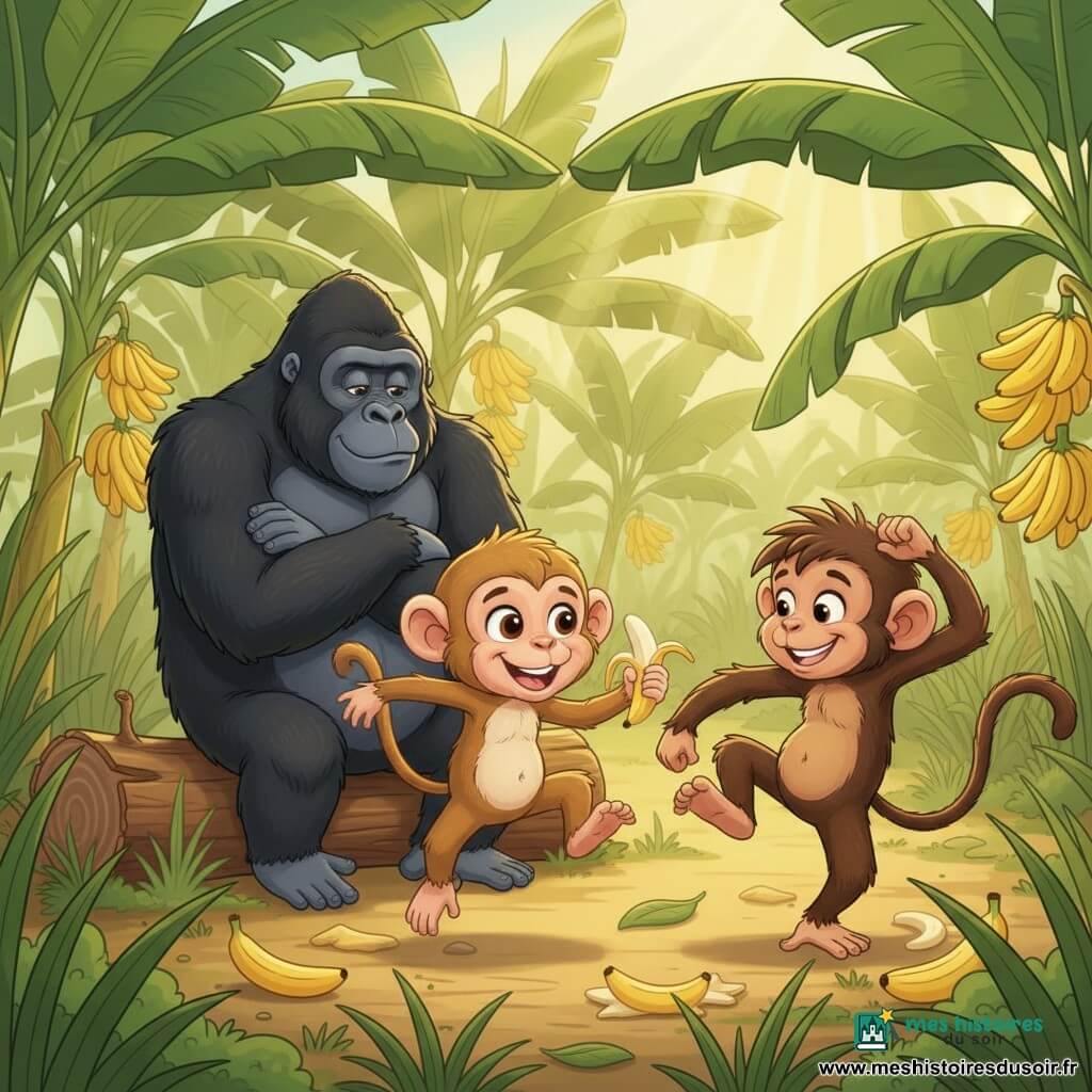Gigi, petite guenon espiègle aux yeux ronds et pelage fauve clair tâché de blanc, saute en tenant une demi-banane avec un large sourire pendant que Tony, jeune mâle plus grand au pelage brun et cheveux en bataille, danse à ses côtés de façon comique ; un grand gorille au poil noir luisant, attendri, les observe depuis un tronc de bananier renversé ; en arrière-plan une bananeraie luxuriante (feuilles vert émeraude, grappes de bananes jaunes, herbes hautes), sol jonché de feuilles et quelques bananes écrasées, ambiance joyeuse et mouvement accentué, composition centrée avec beaucoup d'espace négatif pour du texte, style illustration vectorielle nette aux contours doux, palette vive (jaune, vert, brun) et ombres simples.