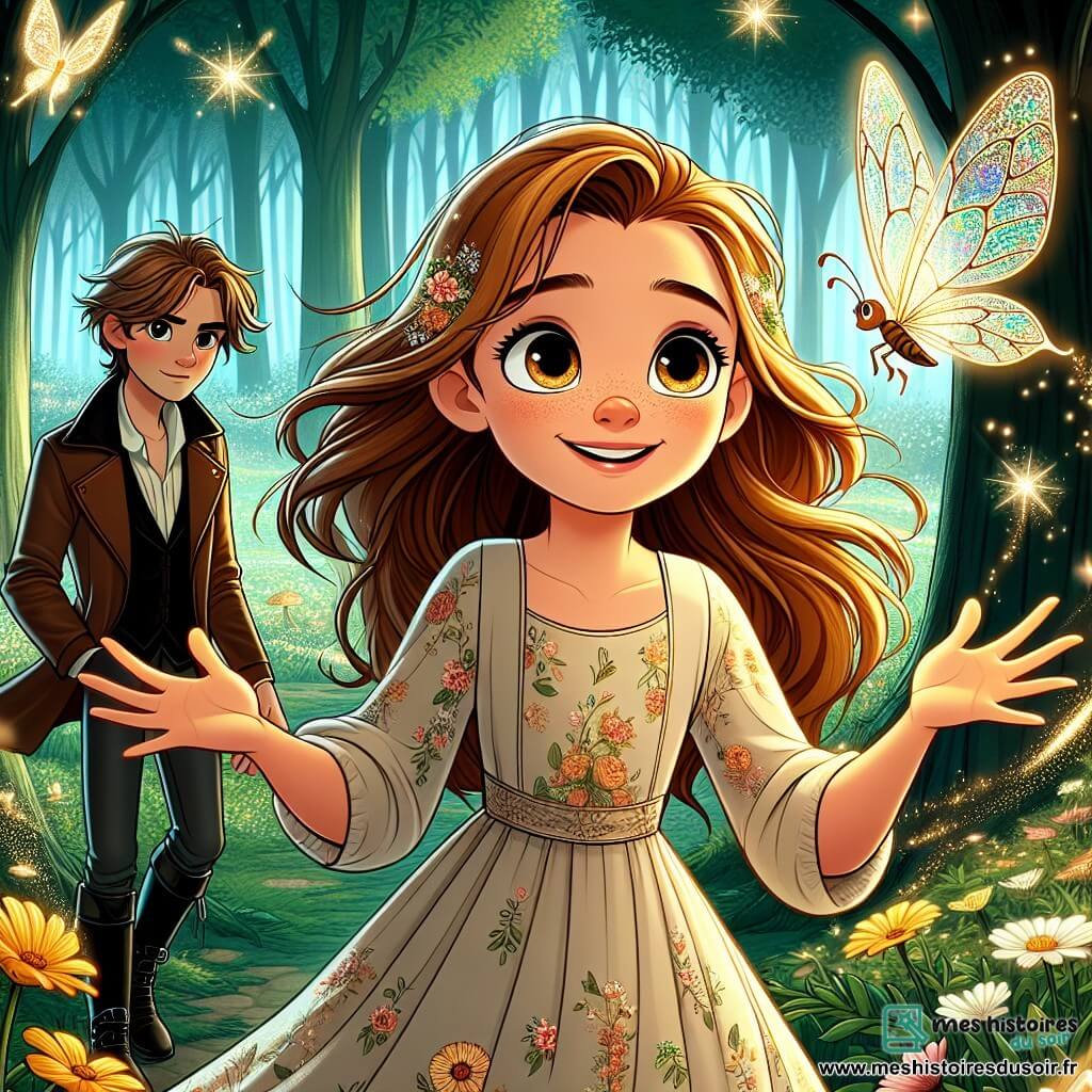 Élodie, une fille de 11 ans aux cheveux bruns dorés et aux yeux pétillants, se tient au centre d'une clairière enchantée, un sourire émerveillé sur le visage. Elle porte une robe légère à motifs floraux et tend les mains vers un papillon aux ailes de verre, symbole de sa curiosité. À ses côtés, Léo, un garçon espiègle d'environ 12 ans avec des cheveux en bataille, l'observe avec un sourire complice, prêt à lui montrer les merveilles de ce monde magique. Iris, une petite fée aux ailes scintillantes, flotte au-dessus d'Élodie, agitant une baguette magique qui crée des étincelles lumineuses. La clairière, entourée d'arbres majestueux et de fleurs colorées, est traversée par un ruisseau cristallin. Élodie, émerveillée par la beauté des lieux, est prête à découvrir les secrets de ce royaume magique, encouragée par Léo et Iris, symboles de l'aventure et de l'amitié.