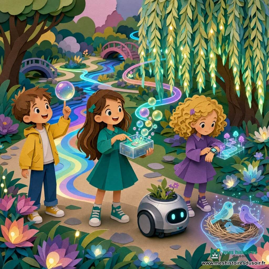 Aina, 8 ans, cheveux bruns longs en robe vert-bleu, tient une petite boîte transparente qui émet des bulles lumineuses; à sa gauche Léo, 8 ans, cheveux bruns courts en veste jaune, sourit en faisant tourner une bulle colorée sur son doigt; à sa droite Maëlle, 8 ans, cheveux blonds bouclés en robe violette, regarde une montre-écran projetant un chemin lumineux; près d’eux roule doucement un petit robot de jardinage argenté près d’un nid holographique d’oiseaux clignotants; le tout dans le Parc des Ruisseaux — allées sinueuses, ruisseaux arc-en-ciel, saule lumineux, fleurs phosphorescentes, ponts courbes et rubans lumineux — où les enfants testent une « alarme douce » libérant bulles colorées et une lueur apaisante, ambiance calme et collaborative.