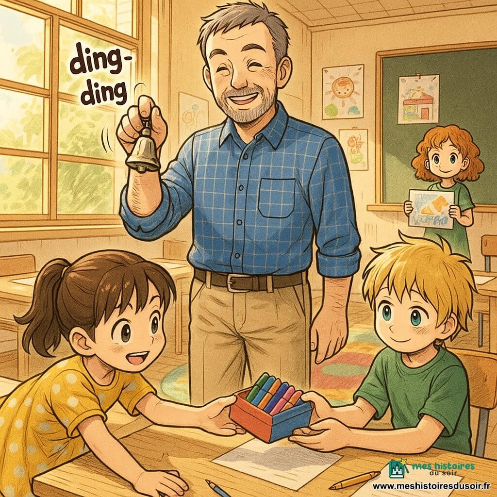 Institutuer d’une quarantaine d’années, sourire chaleureux, barbe grise courte, chemise à carreaux bleue et pantalon kaki, tape doucement une petite cloche « ding-ding » au centre d’une classe lumineuse; Lina, 7 ans, queue de cheval brune, robe jaune à pois blancs, rampe sous une table pour rendre une boîte de feutres; Lucas, 7 ans, cheveux blonds, t-shirt vert, reçoit les feutres avec timidité à l’arrière droit; Emma, 8 ans, cheveux roux bouclés, robe verte, rit doucement en tenant un dessin près du tableau; ambiance calme et bienveillante après l’agitation du matin, couleurs chaudes, tables en bois clair, fenêtres laissant entrer le soleil, dessins au mur et grand tapis coloré; style manga, traits nets, couleurs vives, textures de crayon et de craie, composition centrée sur l’instituteur entouré des enfants.