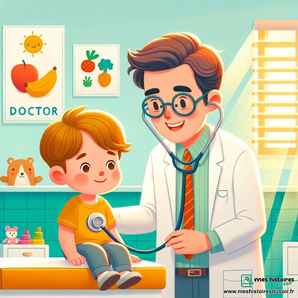 Le personnage principal est le docteur Paul, un médecin d'une trentaine d'années, souriant, avec des cheveux bruns et des lunettes rondes. Il porte une blouse blanche et écoute le ventre d'un petit garçon. Le personnage secondaire, Léo, est un garçon de 7 ans aux cheveux blonds en bataille, assis sur une table d'examen, avec un léger sourire. La scène se déroule dans un cabinet médical coloré, avec des murs bleu clair, des affiches de fruits et légumes, et des jouets au sol. La lumière du soleil crée une ambiance chaleureuse. Le docteur Paul écoute attentivement Léo, qui se sent mieux grâce à ses soins.