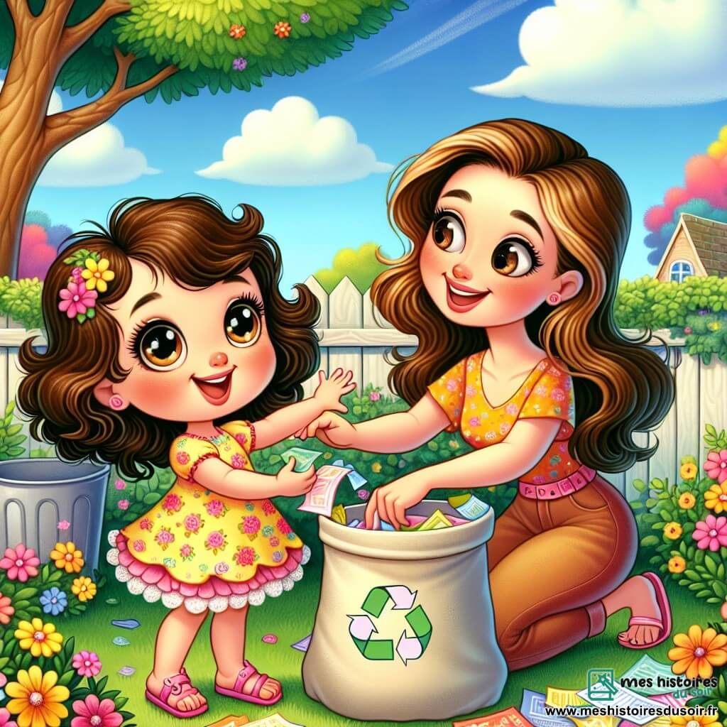Une petite fille de 4 ans, Lila, sourit en ramassant des papiers colorés dans son jardin. Elle porte une robe jaune à fleurs et des sandales roses, et son visage exprime fierté et excitation. Sa maman, une femme d'une trentaine d'années, l'encourage avec un sourire tout en tenant un grand sac de recyclage. Le jardin est rempli de fleurs et de verdure, avec un ciel bleu clair. Lila et sa maman nettoient ensemble le jardin, transformant un espace en désordre en un lieu accueillant, tout en apprenant l'importance du recyclage.