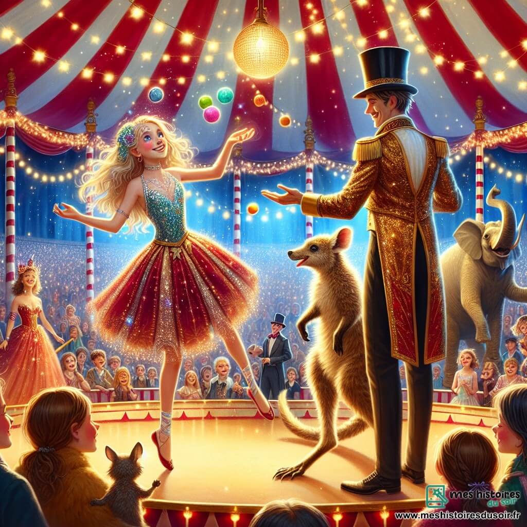 Au centre de l'image, Zoé, une fille de 12 ans aux longs cheveux châtains et aux yeux curieux, porte un costume de cirque scintillant. Elle sourit en jonglant avec des balles colorées, tenant la main d'un kangourou espiègle. À ses côtés, Maxime le Magnifique, un homme d'une trentaine d'années en chapeau haut-de-forme et cape dorée, applaudit près d'un éléphant qui danse. Le chapiteau de cirque aux rayures rouges et blanches est illuminé par des guirlandes, et des spectateurs émerveillés remplissent les gradins. Zoé, en pleine performance, jongle sous les applaudissements, tandis que le kangourou et son chien Rex l'encouragent, créant un moment de magie et de bonheur.