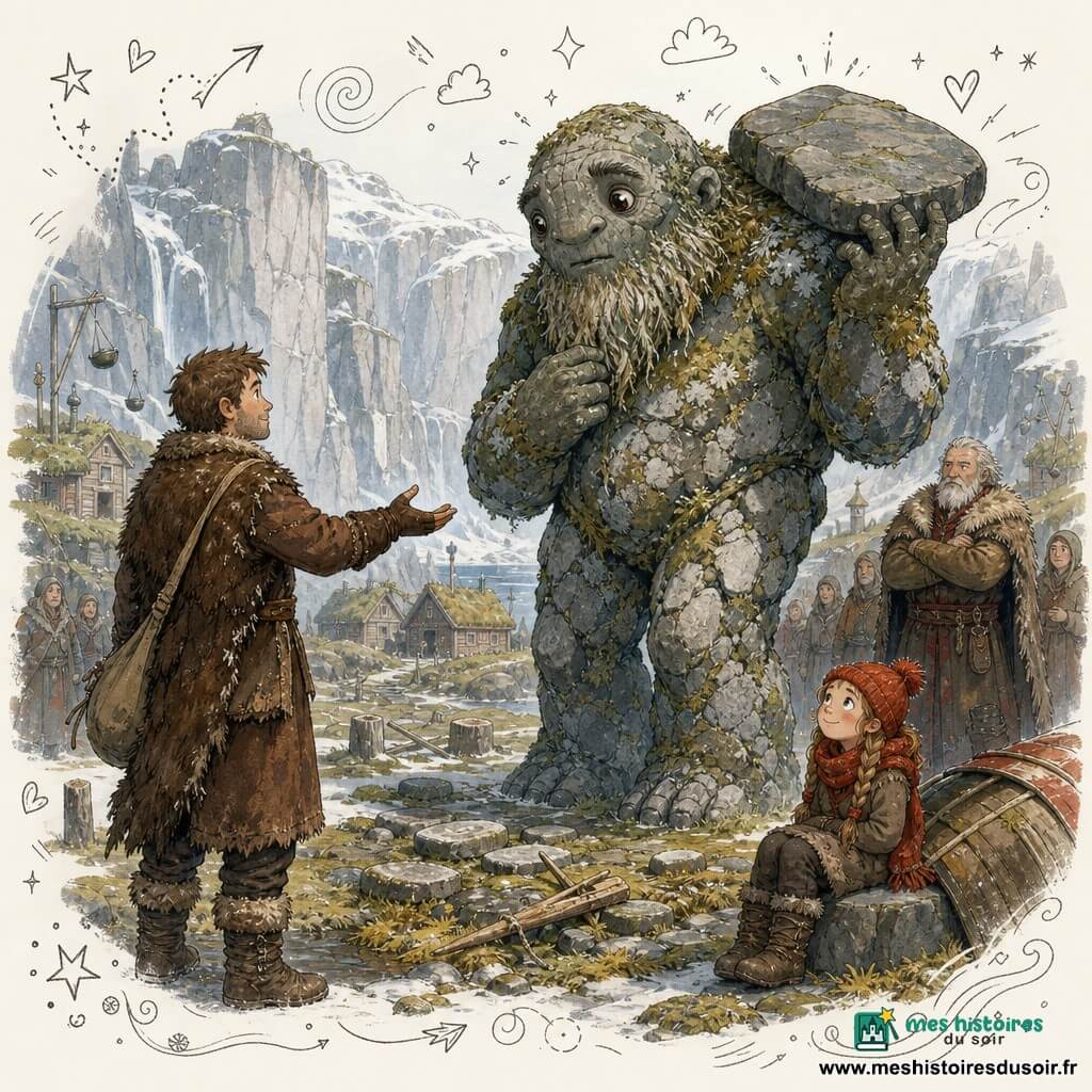 Einar, homme au visage clair et cheveux châtains courts, lèvres pincées, regard doux et déterminé, porte un manteau en peau brun, gants en cuir, sac en toile ; il tend la main vers Grjót, monstre massif fait de rochers et de lichen aux yeux de galets et barbe de mousse, qui hésite en tenant une pierre plate à l’orée d’un amphithéâtre de falaises enneigées. À l’arrière, le chef du village (~50 ans) en manteau épais observe bras croisés près d’un groupe de villageois ; une fillette d’environ 8 ans, bonnet rouge et écharpe, assise sur une pierre près d’un petit bateau renversé, regarde la scène avec émerveillement. Au premier plan, un champ de pierres aménagé avec troncs, rames cassées et pierres plates ; au loin des maisons en bois aux toits de tourbe. Scène de paix et d’accord : Einar montre à Grjót où frapper pour jouer sans abîmer le village, Grjót tend une pierre prêt à coopérer, ambiance hivernale douce aux couleurs froides rehaussées de touches chaudes et traits ludiques autour des personnages.