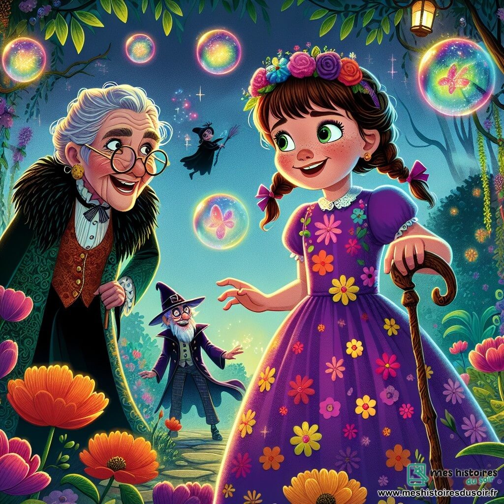 Une petite fille de 8 ans, Éloïse, avec des nattes brunes et une robe à fleurs colorées, se tient au centre de l'image, les yeux brillants d'excitation et un sourire radieux. Elle tend la main vers une bulle colorée flottant devant elle. À ses côtés, Mademoiselle Marguerite, une dame souriante d'environ 70 ans, porte une robe violette ornée de plumes et des lunettes rondes, se penchant légèrement vers Éloïse avec bienveillance. En arrière-plan, Sir Grumpel, un sorcier maléfique d'une quarantaine d'années, flotte sur son balai, surpris et amusé. Le lieu est un jardin magique luxuriant, rempli de fleurs éclatantes et de bulles scintillantes, sous un ciel bleu illuminé par le soleil. Éloïse lance une potion de rires vers Sir Grumpel, qui rit, tandis que Mademoiselle Marguerite l'encourage, capturant un instant magique d'amitié et de magie.