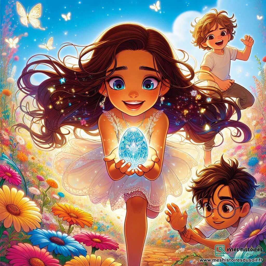 Céleste, 12 ans, se tient au centre de la scène avec de longs cheveux châtains et un sourire éclatant. Elle porte une robe légère à fleurs et tient un œuf bleu scintillant, ses yeux brillants d'excitation. À ses côtés, Maxime, 11 ans, avec des cheveux bruns en bataille, tente d'attraper un papillon coloré. Léa, 12 ans, aux cheveux blonds tressés et lunettes rondes, admire une marguerite sous le soleil, rayonnante de joie. La scène se déroule dans une forêt enchantée remplie de fleurs multicolores et de lucioles, ajoutant une touche de magie. Ensemble, ils découvrent un œuf mystérieux, prêts pour une aventure inoubliable pour célébrer Pâques.