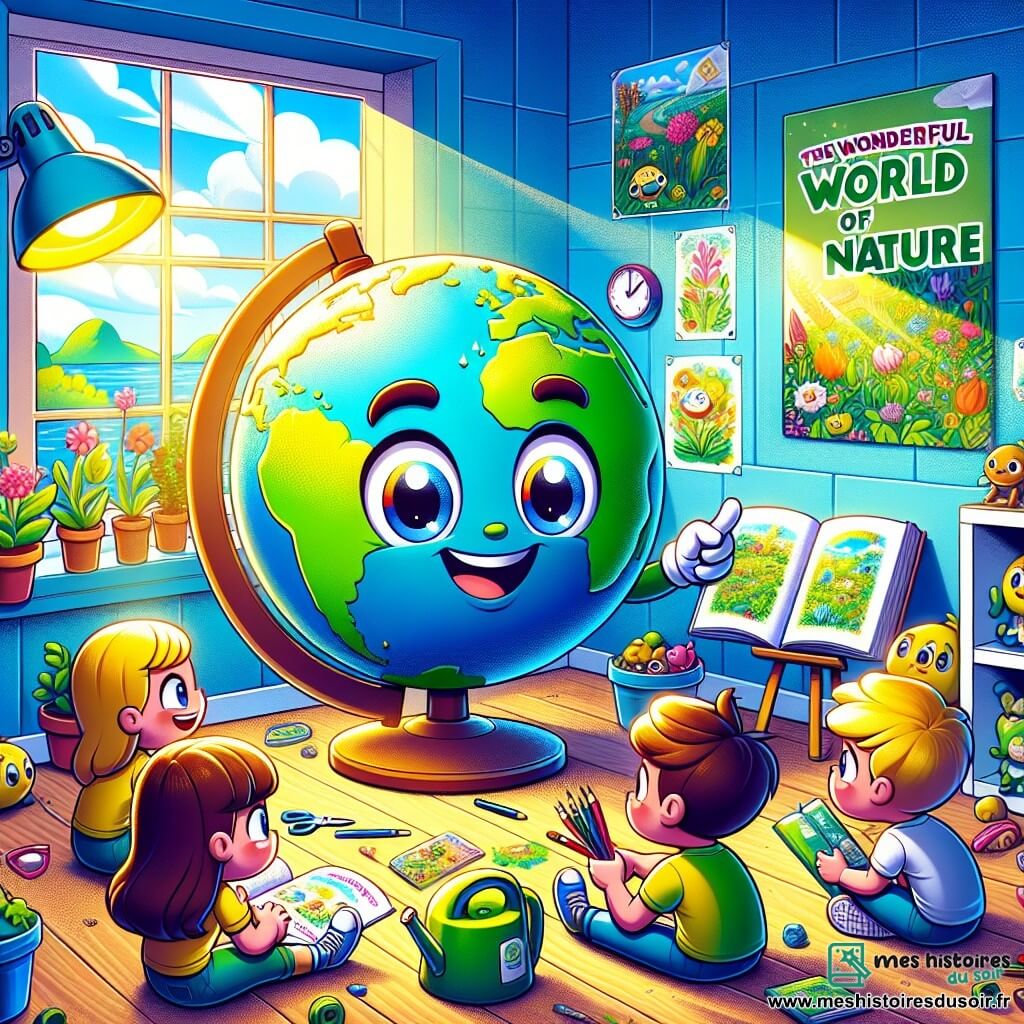 Léonard, un globe terrestre coloré, se tient au centre avec un sourire déterminé. Ses continents verts et océans bleus vibrent d'énergie. Il regarde des enfants excités qui l'entourent. Sophie, une lampe moderne à droite, éclaire un livre de jardinage avec une douce lumière. Un livre bleu intitulé "Le Monde Merveilleux de la Nature" est sur une étagère, anthropomorphisé avec des yeux ronds et un sourire joyeux. La scène se déroule dans une chambre lumineuse, remplie de couleurs vives et de jouets, avec une fenêtre laissant entrer la lumière. Léonard explique aux enfants l'importance de protéger la planète, créant une atmosphère d'apprentissage et d'inspiration.