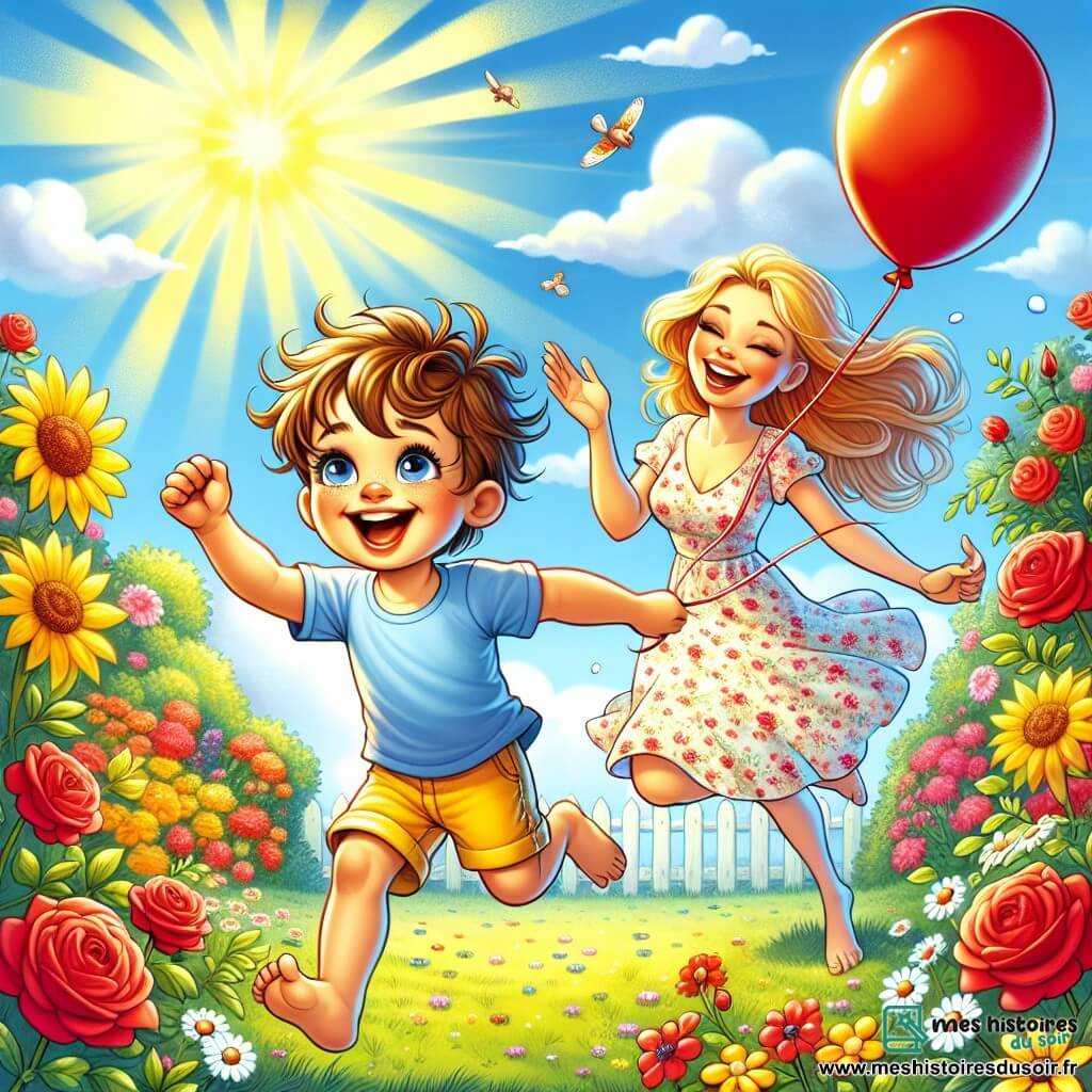 Un petit garçon de 2 ans, nommé Paul, avec des cheveux bruns en bataille et des yeux pétillants, court dans un jardin ensoleillé, souriant. Il porte un t-shirt bleu et un short jaune, tenant un ballon rouge. Sa maman, souriante, avec des cheveux longs et blonds, se tient près de lui, prête à jouer. Elle porte une robe légère à fleurs, entourée de belles fleurs colorées. Le jardin est rempli de roses rouges, tournesols jaunes et marguerites blanches, sous un ciel bleu clair. Paul lance le ballon vers sa maman, riant, tandis que le soleil brille, créant une ambiance joyeuse.