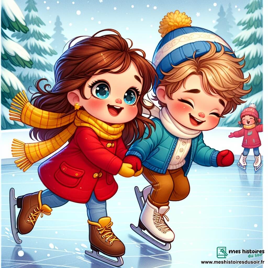 Une petite fille de 3 ans, Lina, avec de grands yeux brillants et des joues roses, porte un manteau rouge, une écharpe jaune et des gants bleus. Elle sourit en patinant sur la glace, ses cheveux bruns flottant derrière elle. À côté d'elle, son ami Tom, un garçon de 4 ans avec des cheveux blonds en bataille et un bonnet bleu, rit en essayant de garder son équilibre sur ses patins. La scène se déroule sur une patinoire en plein air, entourée de flocons de neige et de sapins enneigés, avec des enfants jouant dans la neige. Lina et Tom s'amusent à patiner ensemble, découvrant la joie de glisser sur la glace dans une ambiance hivernale joyeuse et magique.