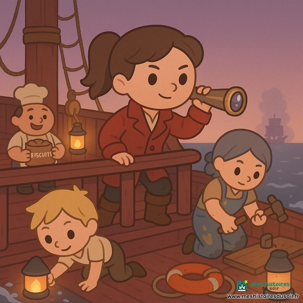 Femme capitaine (~28 ans), visage doux et déterminé, sourire en coin, queue de cheval, veste de marin rouge usée, tenant une longue-vue en se penchant sur le bastingage; femme charpentière (~35 ans), mains calleuses, cheveux courts gris-bleu, salopette tachée de résine, martelant une planche à droite; jeune matelot (~16 ans), mince, blond, rampant vers l’avant-gauche avec une petite torche couverte pour poser des bouées; cuisinier jovial (~30 ans), rond, tablier taché, tenant un sac de biscuits près du mât; pont d’un vieux navire en bois rouge foncé avec cordages épais, poulies en laiton et lanterne couverte diffusant une lueur chaude, mer sombre à l’écume et île rocheuse lointaine sous un ciel violet crépusculaire; la capitaine surveille la silhouette d’un navire ennemi dans la brume pendant que l’équipage prépare discrètement des bouées lumineuses et de la fumée, ambiance tendue mais non violente, composition centrée, couleurs douces et contrastes nets, style kawaii minimal aux formes simples et expressions lisibles.