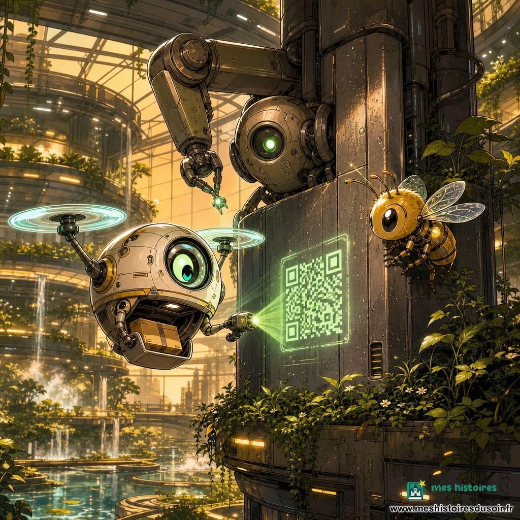 Zig, petit drone-livreur rond aux deux rotors brillants, caméra-œil expressive et trappe à colis ouverte, est joyeux et concentré, en lévitation près d’un pilier où il projette un QR code lumineux avec un petit projecteur; Marn, grand bras robotique articulé fixé au mur en métal mat avec rivets, pince délicate et petite lumière verte, le surveille prudemment d’en haut; une robot-abeille dorée est posée au bord du pilier, curieuse; lieu : hangar-jardin 12, vaste intérieur verre et métal avec terrasses de plantes, lampes LED douces, brume d’arrosage et bassins réfléchissants; scène principale : Zig installe un petit carré noir QR tandis que Marn observe et la robot-abeille s’approche, atmosphère chaleureuse et futuriste aux tons verts et dorés, textures visibles et éclairage doux de fin de journée.