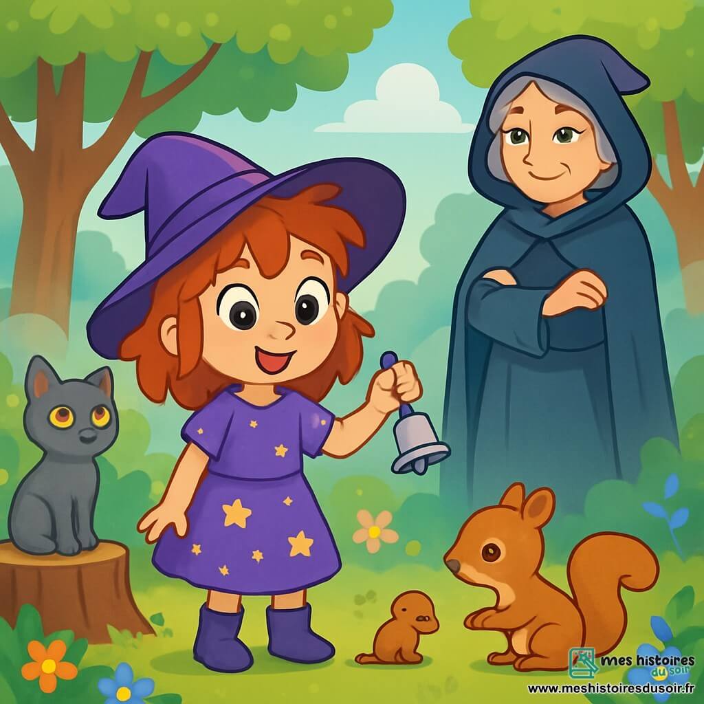 Lila, une petite fille de 8 ans et apprentie sorcière, se tient au centre d'une clairière magique, avec des cheveux en bataille et des yeux ronds brillants. Elle porte une robe violette et tient une clochette d'argent, affichant un visage rayonnant de gentillesse. À ses côtés, Dame Arnelle, une femme âgée d'environ 60 ans en cape sombre, l'observe avec bienveillance. Un chat gris aux yeux dorés, assis sur une souche, regarde Lila avec curiosité. La clairière est enveloppée d'une brume légère, ornée de fleurs multicolores et d'arbres majestueux. Lila aide un petit écureuil blessé tout en écoutant la mélodie de sa clochette, symbole de sa découverte de la magie du cœur.
