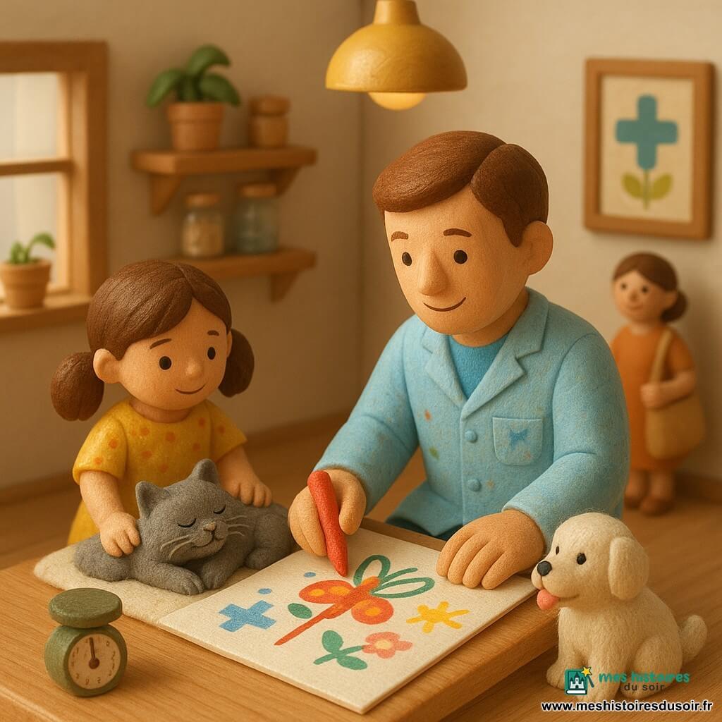 Un vétérinaire souriant, aux cheveux châtains courts et blouse bleu clair tachée de feutres, est accroupi et dessine une grande affiche colorée sur une table en bois, les mains posées doucement; à sa gauche une fillette d’environ 6 ans, cheveux bruns en couettes et robe jaune à pois, caresse Plume, un vieux chat gris allongé sur une couverture crème qui cligne des yeux et ronronne; la mère, cheveux en chignon, tient un sac en tissu et sourit en arrière-plan près de la porte, légèrement floutée; Biscotte, un petit chien blanc au poil mousseux, est assis près du panier la langue sortie; une petite plante en pot vert aux deux feuilles tombantes repose sur une étagère près d’une fenêtre carrée effleurée par un rayon de soleil; la clinique en bois clair, aux étagères basses remplies de bocaux, balance ronde sur la table, affiches colorées et lampe jaune suspendue, baigne la scène d’une lumière dorée; le vétérinaire pèse et examine doucement Plume puis dessine une affiche explicative; ambiance tendre, lente et rassurante, couleurs pastel (bleu, jaune, vert) et textures douces (laine, bois, couverture).