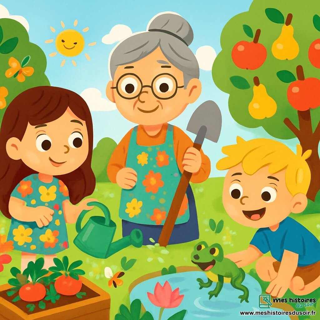 Il y a trois personnages : Léa, une fille de 7 ans aux longs cheveux bruns, portant une robe à fleurs colorées et tenant un arrosoir vert, émerveillée par les tomates rouges dans un potager ; Tom, un garçon de 6 ans aux cheveux blonds en bataille, en t-shirt bleu et short beige, accroupi près d'un étang à observer une grenouille verte ; et Mamie Rose, une femme âgée aux cheveux gris en chignon, portant un tablier coloré et tenant une pelle, souriant fièrement en les regardant. Le jardin est luxuriant, avec des fleurs éclatantes, des légumes colorés, des papillons, un étang scintillant et des arbres fruitiers. Léa et Tom arrosent les plantes avec enthousiasme, tandis que Mamie Rose les encourage, tandis que des abeilles bourdonnent et qu'une grenouille curieuse les observe.