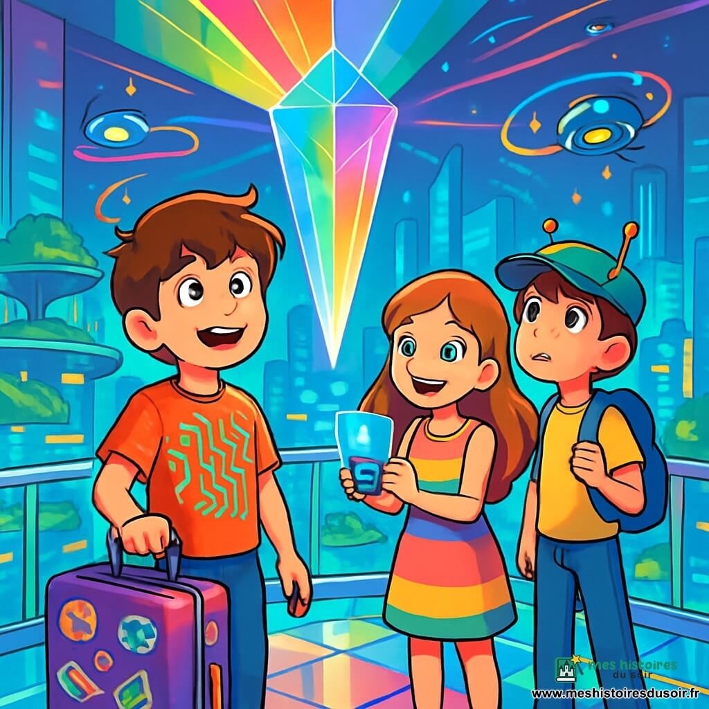 Lucas, un garçon de 12 ans aux cheveux bruns en bataille et aux yeux curieux, se tient sur une plateforme d'accès au Sky-Prism, le cœur lumineux d'une ville futuriste. Il porte un t-shirt à motifs de circuits imprimés et une valise couverte d'autocollants. À ses côtés, Mira, une fille de 12 ans avec des cheveux ondulés et une robe colorée, sourit en tenant un appareil holographique. Kaito, un garçon de 13 ans avec une casquette à antennes, scrute le ciel avec détermination. La plateforme en verre transparent est entourée de murs de lumière changeante, tandis qu'en dessous, la ville de Nova-Tech s'étend avec des jardins flottants. Lucas et ses amis préparent un émetteur spectral improvisé pour rétablir la saturation de la ville, entourés de drones lumineux, créant une atmosphère dynamique et magique.