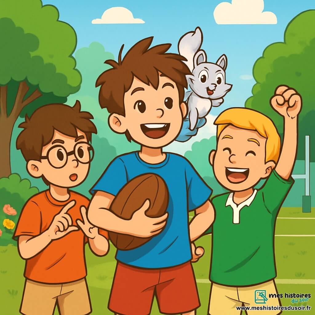 Quatre personnages sont présents : Tom, un garçon de 11 ans avec des cheveux bruns en bataille, un t-shirt bleu et un short rouge, souriant au centre avec un ballon de rugby. Skooby, un écureuil magique aux poils argentés, est perché sur son épaule. Lucas, également âgé de 11 ans, a des cheveux blonds courts, porte un maillot de rugby vert et l'encourage en levant un poing. Max, avec des cheveux châtains et des lunettes, fait un geste stratégique à gauche de Tom. La scène se déroule dans un parc ensoleillé avec un terrain de rugby vert, entouré d'arbres et de fleurs colorées, sous un ciel bleu. Les trois garçons célèbrent une victoire, levant les bras en triomphe, tandis que Skooby saute de joie sur l'épaule de Tom, ajoutant une touche magique à ce moment de camaraderie.