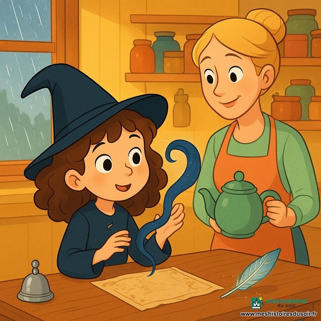 Lila, une jeune fille de sept ans apprentie sorcière, avec des cheveux bruns bouclés et des yeux curieux, se tient devant une table en bois. Elle est émerveillée, touchant un ruban bleu nuit qui semble flotter. Sa maman, une femme blonde d'une trentaine d'années, l'observe avec un sourire bienveillant depuis la cuisine, une théière à la main. La cuisine, chaleureuse et lumineuse, a des murs jaunes et des étagères remplies de pots colorés. Sur la table se trouvent une clochette argentée et une plume scintillante à côté d'une carte ancienne. La scène dégage une atmosphère magique et accueillante, avec la pluie dessinant des motifs sur la fenêtre en arrière-plan.