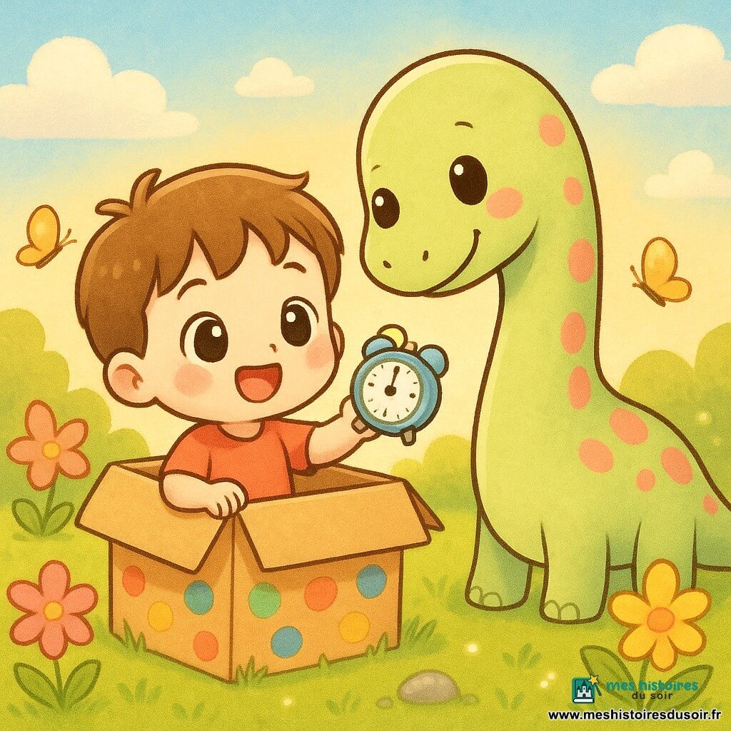 Léo, 4 ans, visage rond et joues roses, sort émerveillé d'une grande boîte en carton peinte tenant un petit réveil, et rencontre un dinosaure amical de taille moyenne au cou long et pelage vert pâle à taches roses ; ils échangent sourires et gestes amicaux dans un pré lumineux aux herbes vives, fleurs étoilées, papillons et pierres scintillantes sous un ciel clair à lumière dorée, ambiance sûre et magique.