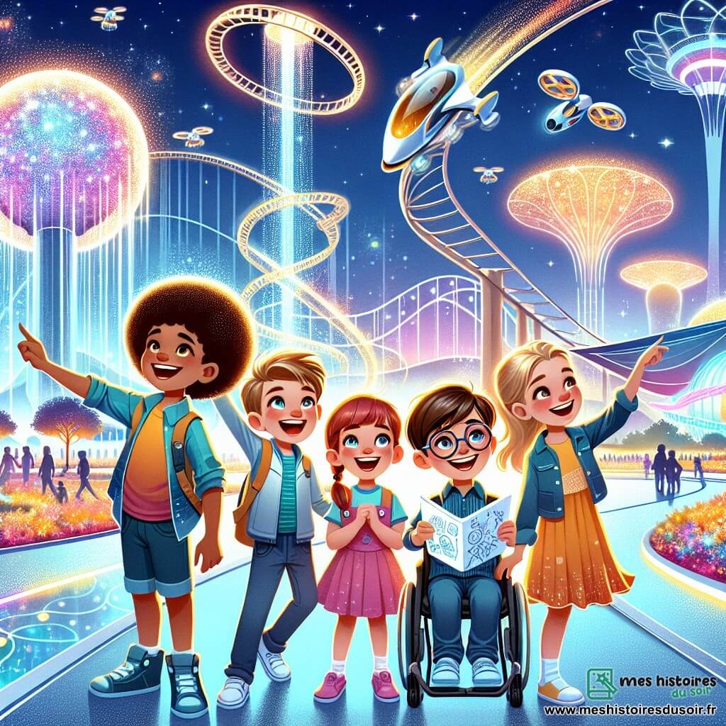 Dans un parc d'attractions futuriste, quatre enfants sont excités. Léo, 10 ans, montre un roller coaster lumineux. Mia, 9 ans, saute de joie en admirant les attractions. Sam, 11 ans, avec ses lunettes rondes, dessine ses idées d'inventions. Zia, 10 ans, sourit dans son fauteuil roulant, prête à découvrir les nouvelles technologies. Le parc est coloré et lumineux, avec des attractions en forme de fleurs et des hologrammes. Les enfants, curieux, s'apprêtent à vivre une aventure en explorant des manèges interactifs et des technologies innovantes.