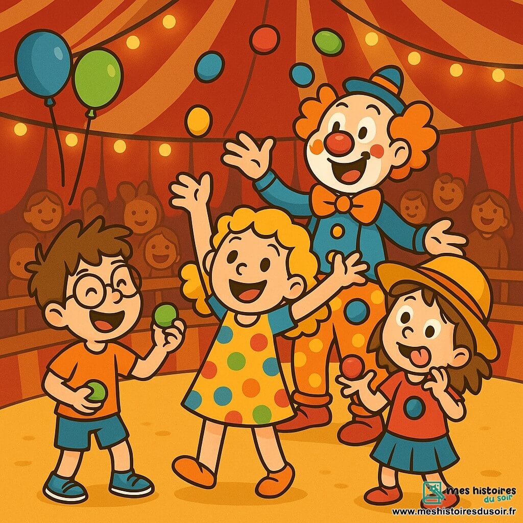 Quatre personnages principaux se distinguent : Emma, 8 ans, avec des cheveux bouclés et blonds, porte une robe à pois et sourit en levant les bras. Lucas, 9 ans, avec des lunettes rondes et des cheveux bruns en bataille, est à gauche d'Emma, riant avec une balle de jonglage. Clara, 7 ans, avec un chapeau trop grand et des cheveux châtains, est à droite d'Emma, faisant une grimace tout en jonglant maladroitement. Bobo, un clown avec un nez rouge et des chaussures géantes, est derrière eux, jonglant avec des balles colorées et faisant des grimaces. La scène se déroule dans un chapiteau de cirque décoré de rayures rouges et blanches, avec des lumières scintillantes et des ballons colorés. Les enfants jonglent et rient ensemble, créant une ambiance festive et magique, tandis que Bobo les encourage avec des gestes comiques.