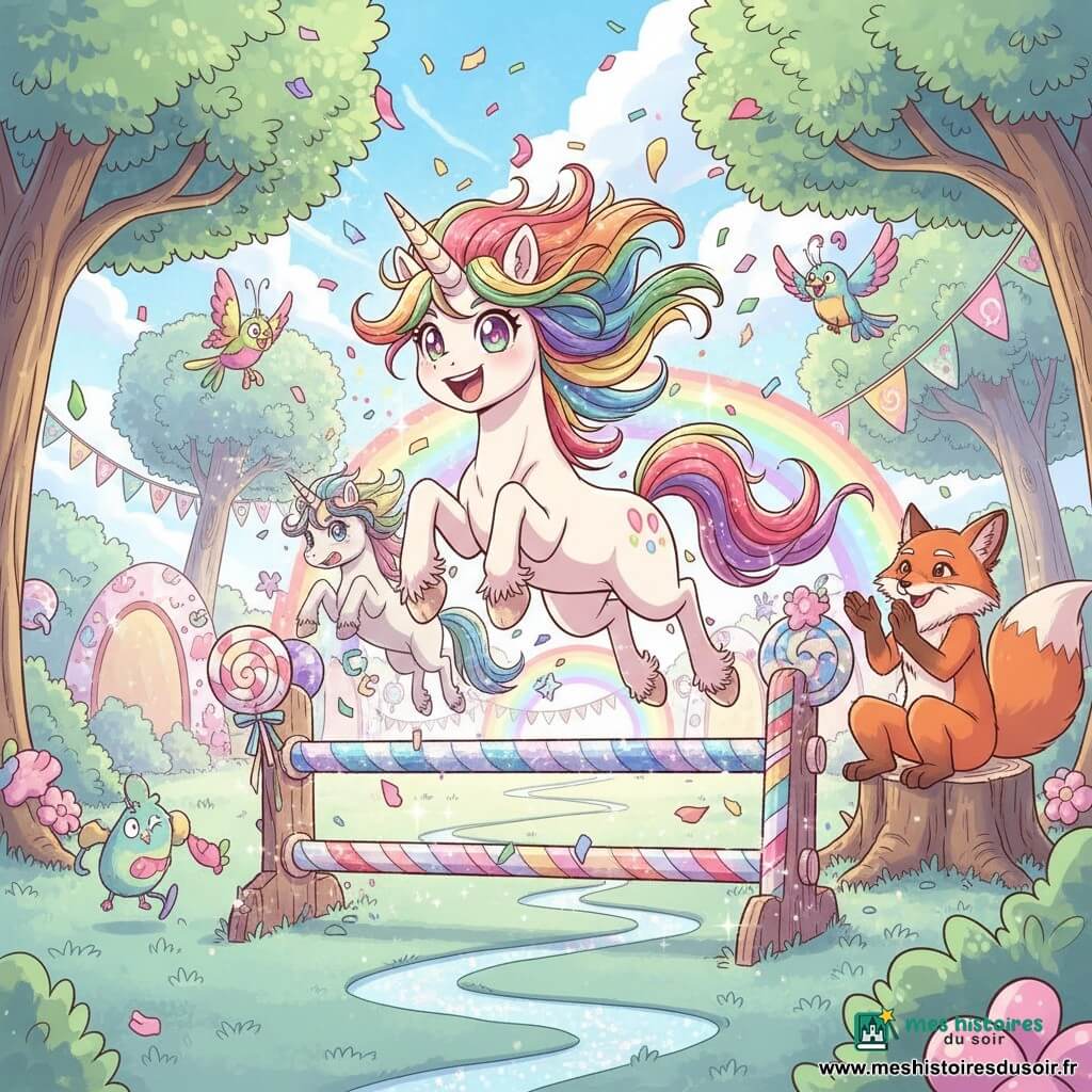 Lulu, une jeune licorne joyeuse et déterminée au sourire radieux, corne légèrement tordue et crinière arc‑en‑ciel ébouriffée, saute en vol par‑dessus un obstacle en sucre tandis que ses sabots étincelants projettent des étincelles; une licorne rivale garçon, surpris et embarrassé, trébuche sur un obstacle en bois pailleté derrière elle; un vieux renard sage aux yeux doux, assis sur une souche, applaudit pendant que des petits animaux magiques (papillons scintillants, oiseaux rieurs) flottent et acclament; le décor est un champ féerique — herbe menthe, arbres en forme de cœur, rivières de paillettes, banderoles pastel et parcours d’obstacles en bonbons, arcs et troncs brillants — et Lulu franchit le dernier obstacle vers la ligne d’arrivée, entourée de confettis et d’une lumière dorée dans une ambiance festive et triomphante.