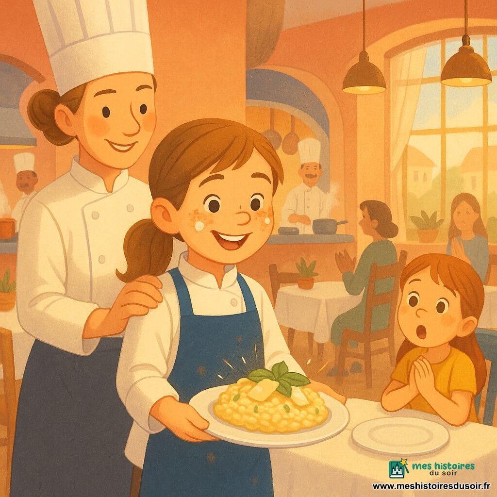 Sophie, environ 9 ans, visage rond avec traces de farine, queue de cheval, rayonnante et fière, tient un risotto crémeux garni de copeaux de parmesan et de feuilles de basilic, vêtue d’une veste de chef blanche et d’un tablier bleu marine légèrement taché; derrière elle, la cheffe Camille, trente-cinq ans, cheveux blonds en chignon et sourire chaleureux, pose la main sur son épaule, portant une toque blanche et une veste crème; à droite, une petite cliente d’environ 6 ans en robe jaune, bouche et yeux écarquillés d’émerveillement, est assise à une table. Le lieu est un restaurant intime et lumineux aux murs saumon, grandes fenêtres et rideaux légers, tables en bois clair nappées de blanc, lampes en laiton et cuisine ouverte avec casseroles en cuivre en arrière-plan. Sophie présente son risotto aux convives dans une ambiance joyeuse et chaleureuse, éclats de lumière sur le plat, applaudissements discrets et chefs souriants s’affairant.