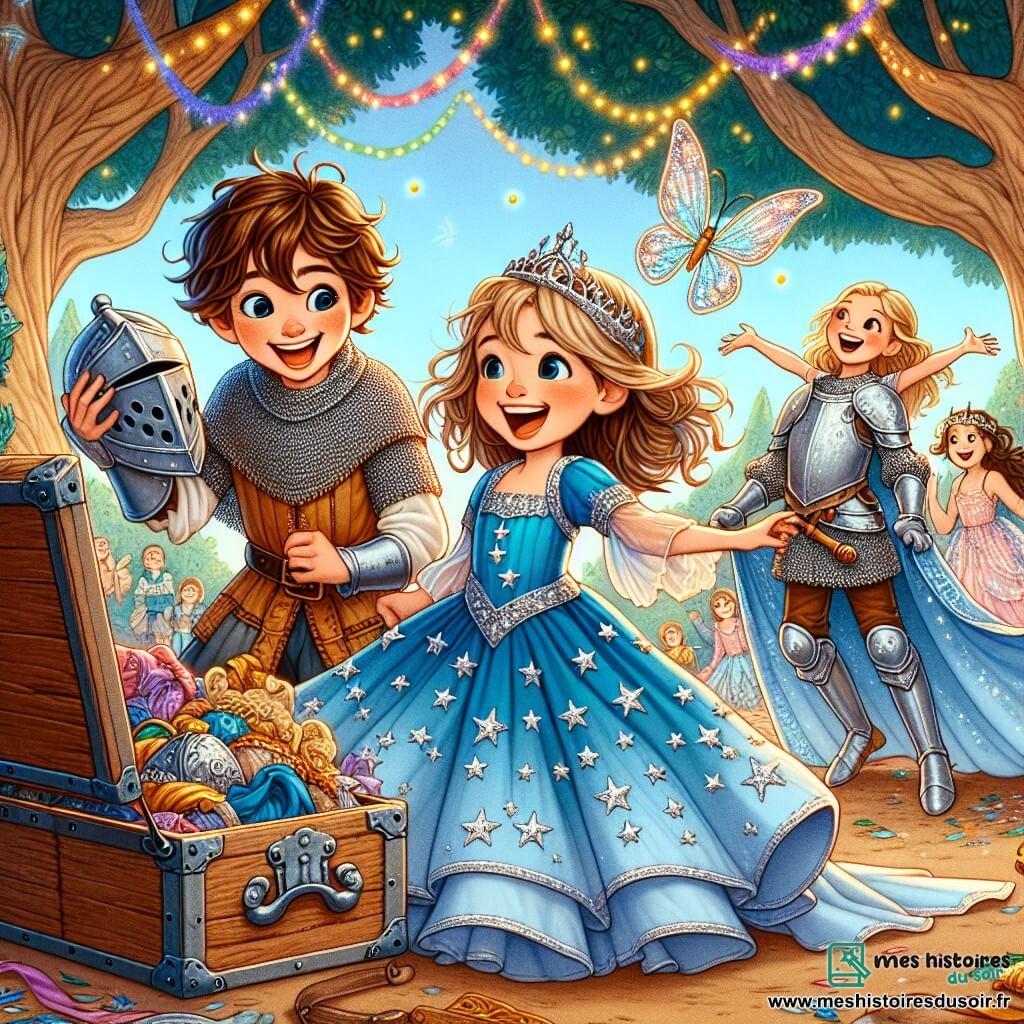 Clara, une fille de 11 ans, est au centre de l'image, rayonnante de joie dans sa robe bleue étoilée. À ses côtés, Léo, en tunique de chevalier, sourit avec un bouclier, tandis que Camille, en robe de fée, danse autour d'eux. Le décor est un parc enchanté avec des arbres majestueux, des guirlandes colorées et une table de friandises. Au fond, un grand chêne et un papillon géant ajoutent à la magie. Clara et ses amis découvrent une malle remplie de costumes fantastiques, dans une chasse au trésor pleine d'aventures et de rires, sous un ciel bleu éclatant.