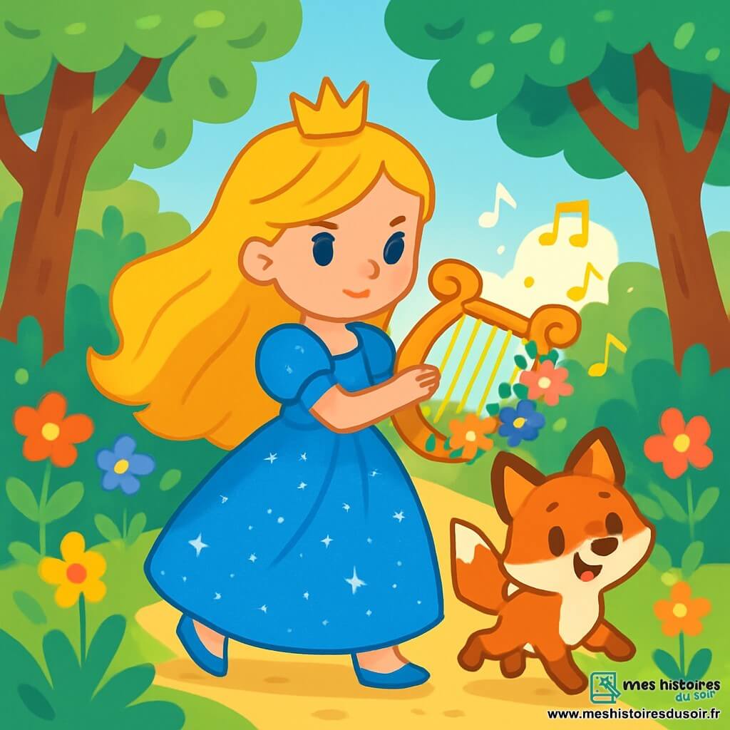 La princesse Lila, une jeune fille aux longs cheveux dorés, porte une robe bleue scintillante. Elle a un regard déterminé et doux, avec un léger sourire. Elle joue une harpe ornée de fleurs colorées. À ses côtés, un petit renard aux yeux pétillants et à la fourrure rousse l'accompagne, curieux et amical. Le décor est une forêt enchantée avec des arbres majestueux et des fleurs multicolores. Lila joue de la harpe, entourée de notes de musique scintillantes, tandis que le renard l'encourage. Ensemble, ils avancent vers la montagne, prêts pour l'aventure.