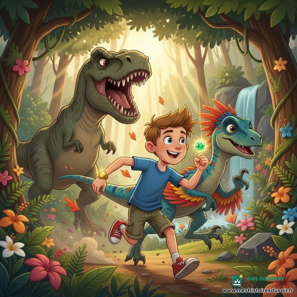 Garçon de 8 ans enthousiaste courant en brandissant une petite émeraude verte, cheveux châtain clair et taches de rousseur, suivi et protégé par un vélociraptor à plumes au sourire bienveillant; un T‑Rex massif et stylisé rugit en arrière-plan; forêt préhistorique luxuriante (fougères, arbres noueux, fleurs, petite cascade), course-poursuite dynamique avec poussière et feuilles, palette vive, contours nets, ombrages doux, angle trois-quarts, ambiance d'aventure joyeuse et sûre pour les enfants, sans texte.