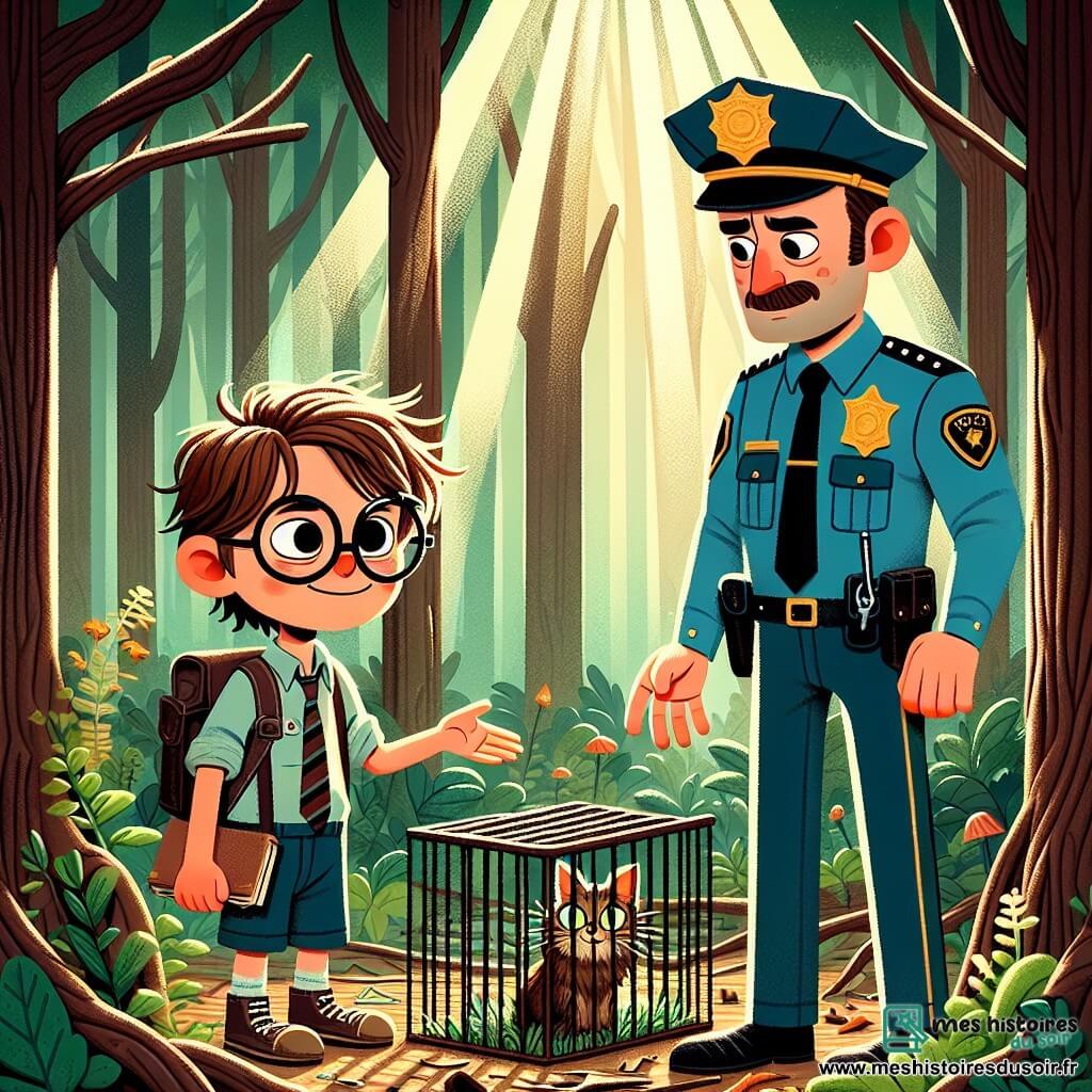 Un garçon de 10 ans, Lucas, se tient au centre de l'image, déterminé, avec des cheveux bruns en bataille et des lunettes rondes. Il tient un carnet et un stylo, prêt à prendre des notes. À côté de lui, un policier d'environ 30 ans, en uniforme bleu, l'observe avec admiration, bras croisés. En arrière-plan, une forêt dense avec des arbres majestueux et des rayons de soleil illuminant le sol. Lucas se prépare à libérer un chat aux yeux brillants enfermé dans une vieille cage rouillée, tandis que le policier reste attentif.